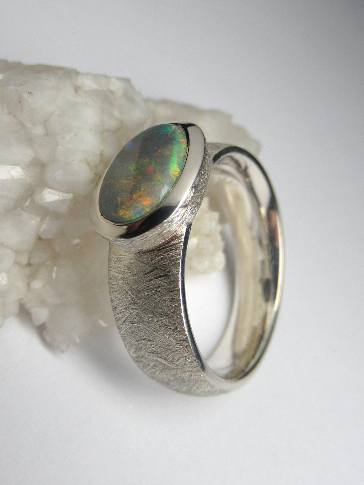 Bague de fiançailles argentée, opale naturelle australienne, véritable opale massive en vente 2
