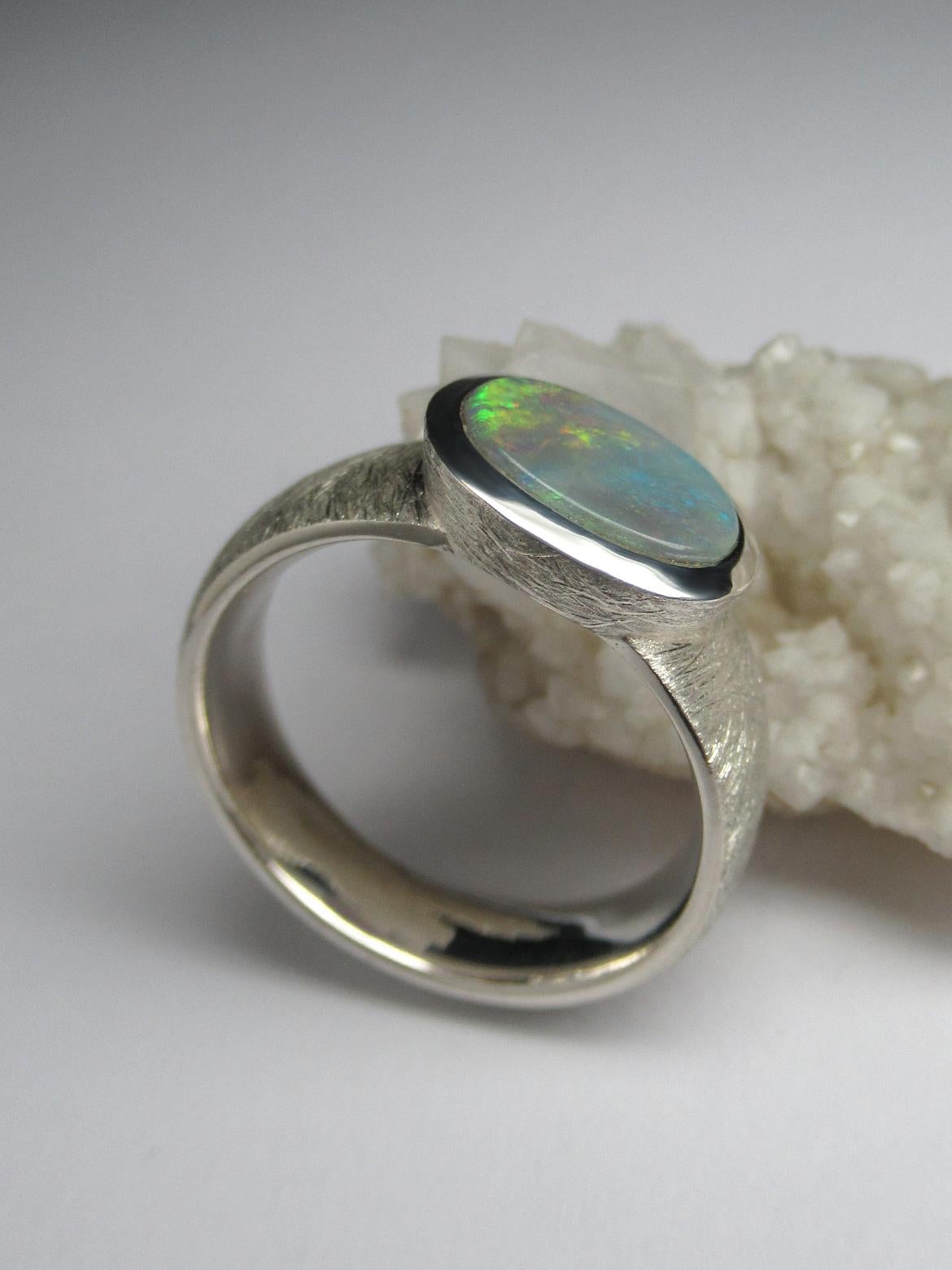 Opal ring silver natural australian opal genuine solid opal engagement ring For Sale 3
