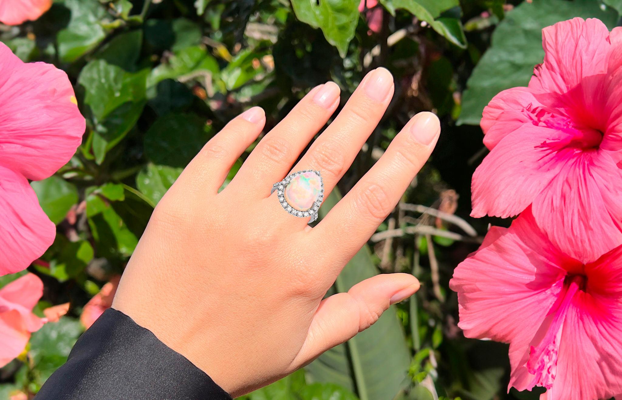 Contemporary Opal Ring With Diamonds 10.27 Carats Rhodium Plated Sterling Silver For Sale