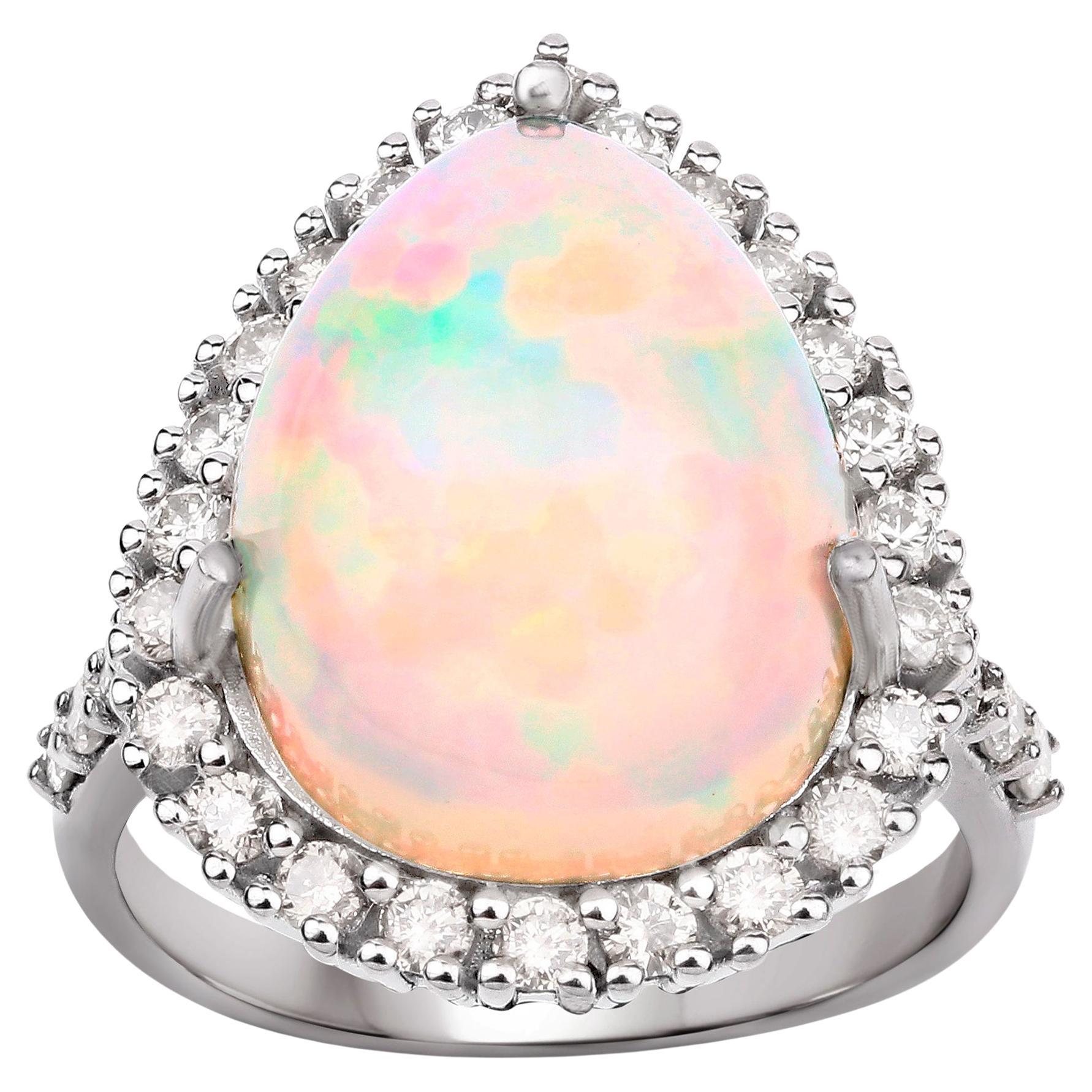 Opal Ring With Diamonds 10.27 Carats Rhodium Plated Sterling Silver For Sale