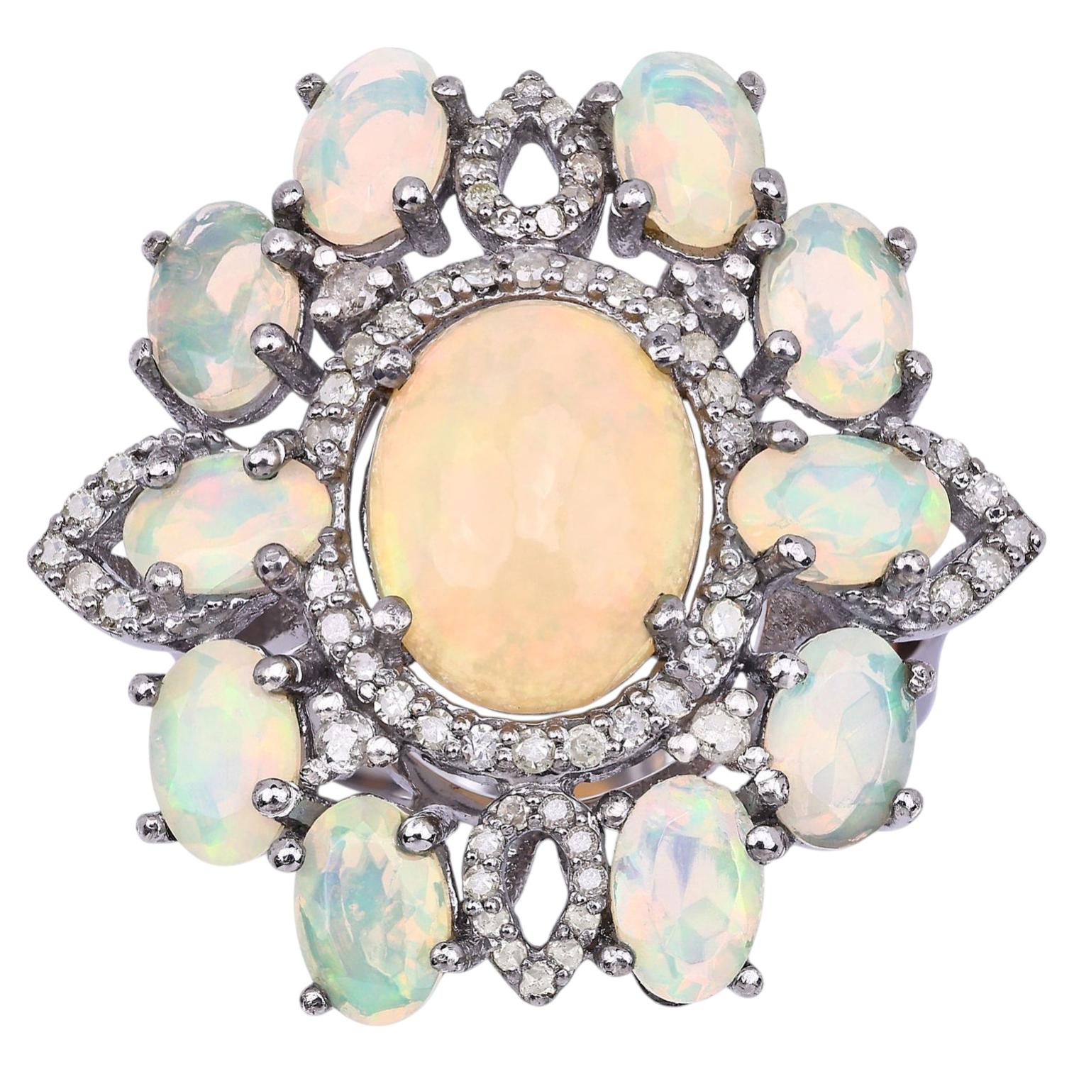 Opal Ring With Diamonds 6.56 Carats Sterling Silver