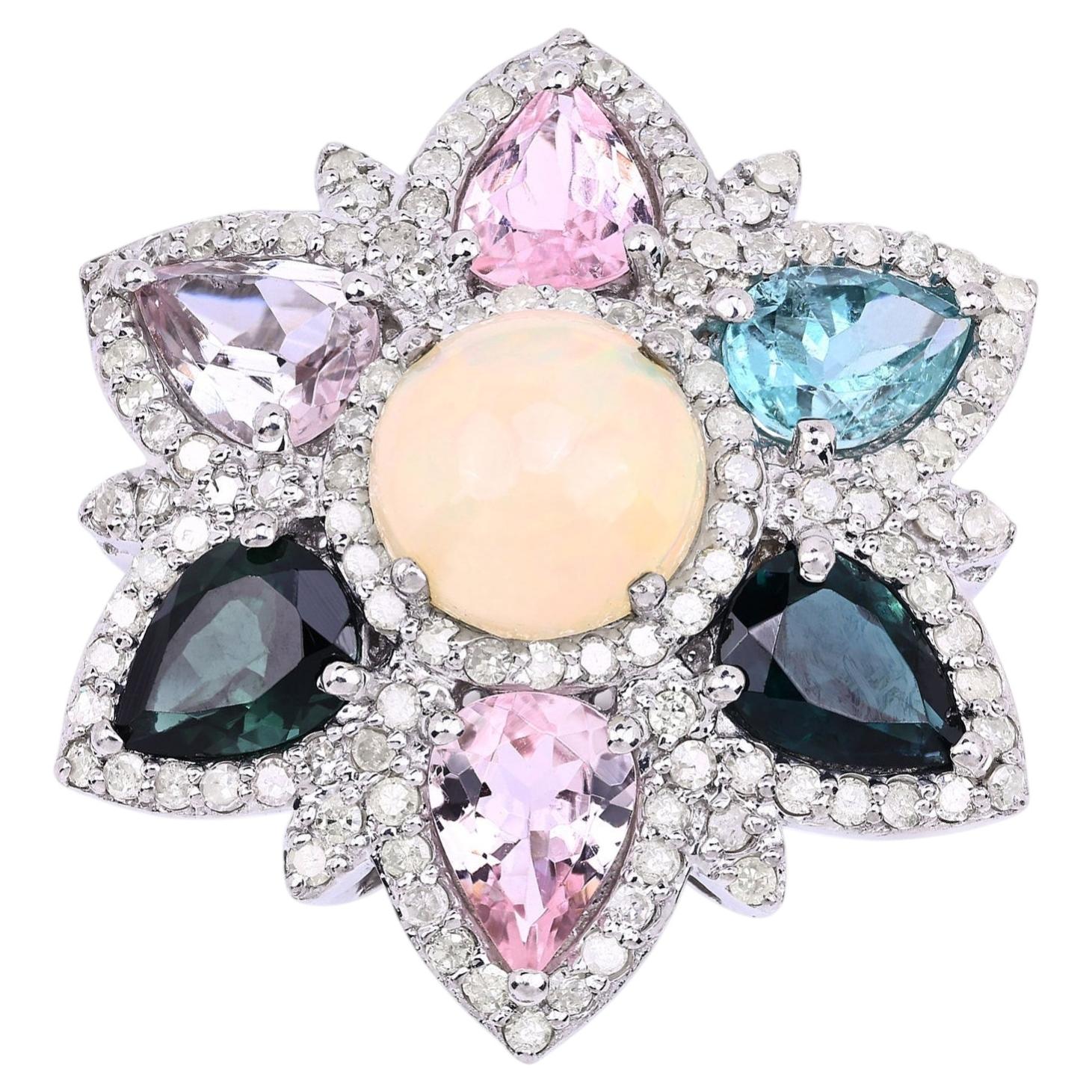 Opal Ring With Multicolor Tourmaline 5.62 Carats Sterling Silver