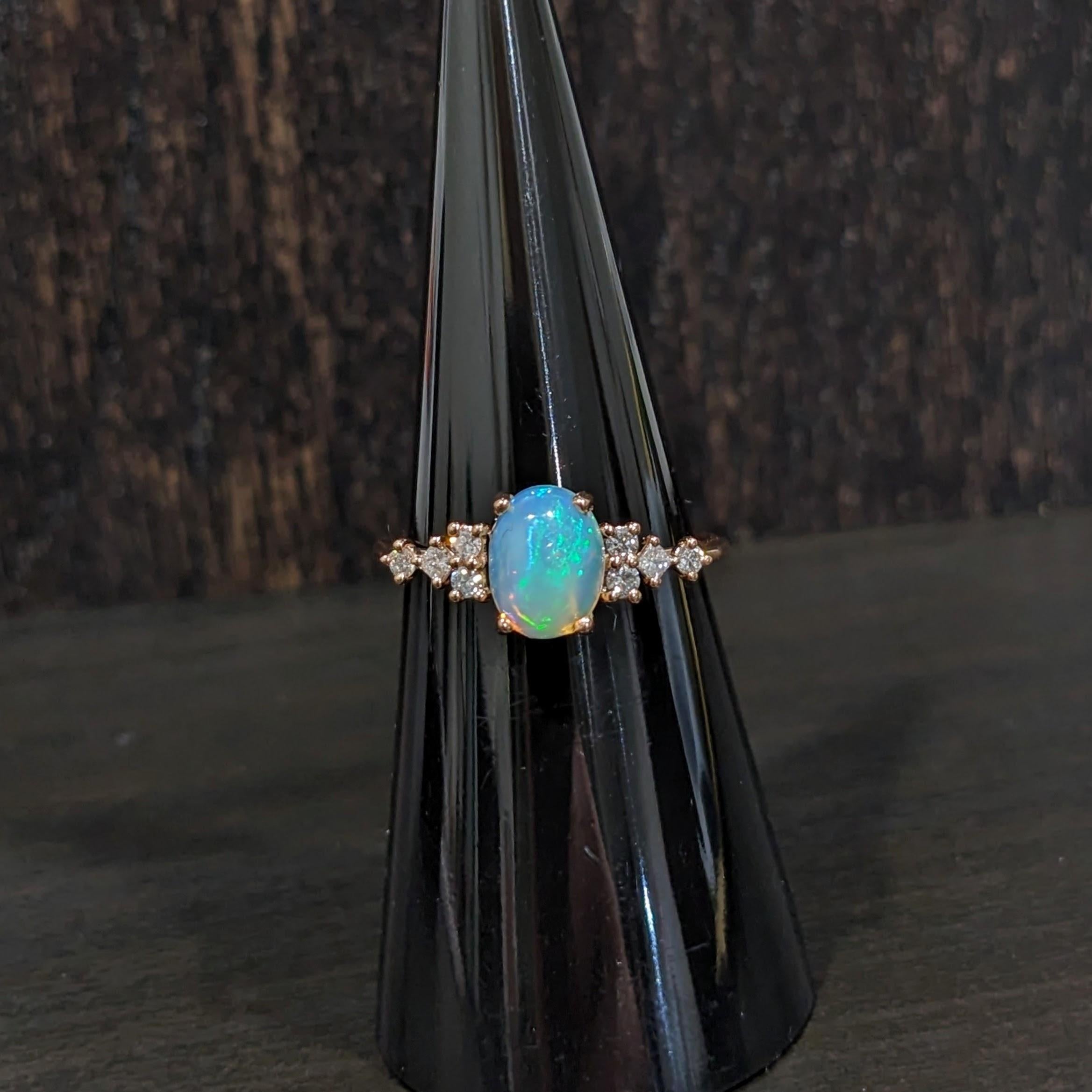 Art Deco Opal Ring with Natural Diamond Accents in Solid 14k Rose Gold Oval 8x6mm For Sale