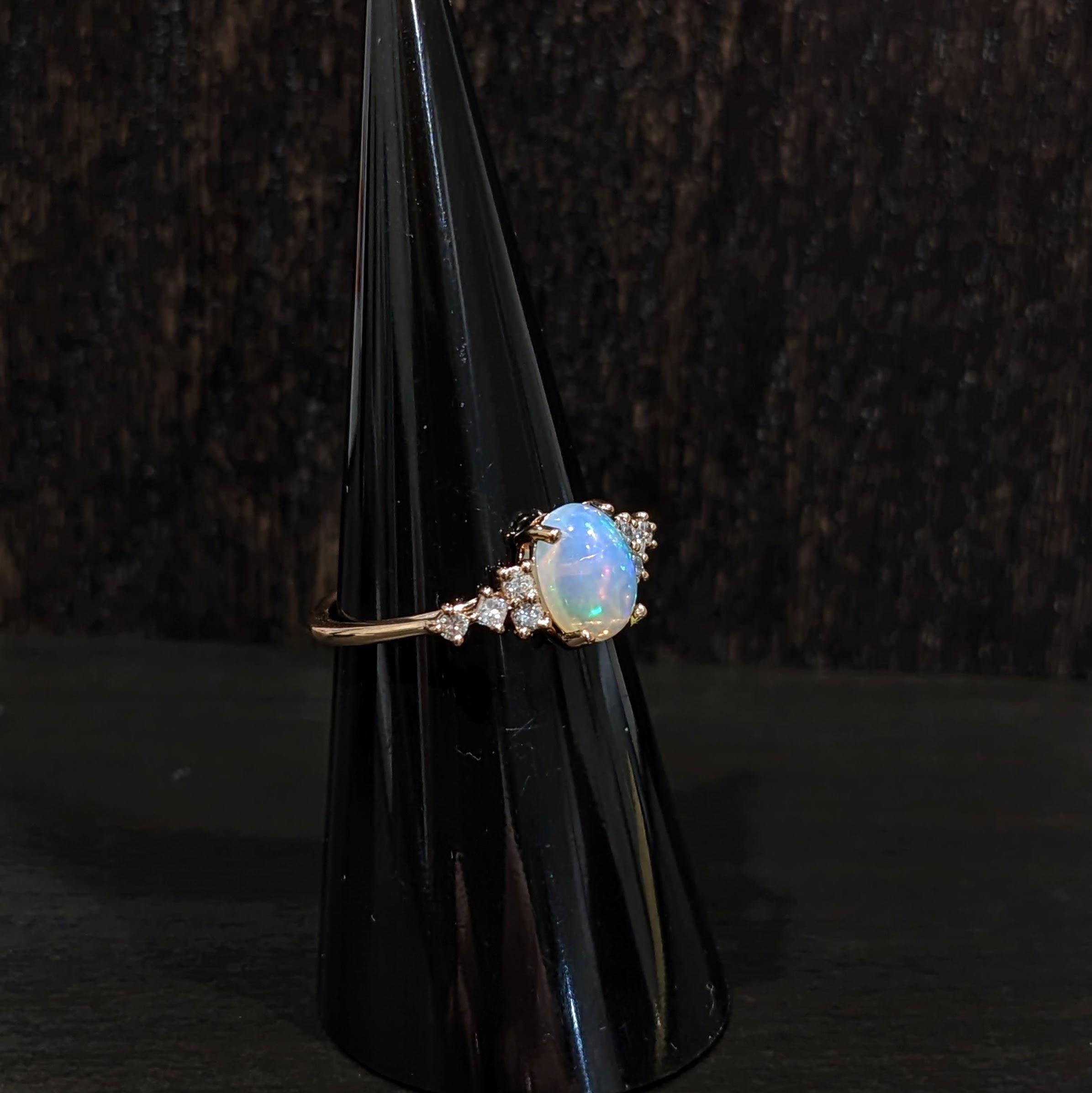 Oval Cut Opal Ring with Natural Diamond Accents in Solid 14k Rose Gold Oval 8x6mm For Sale