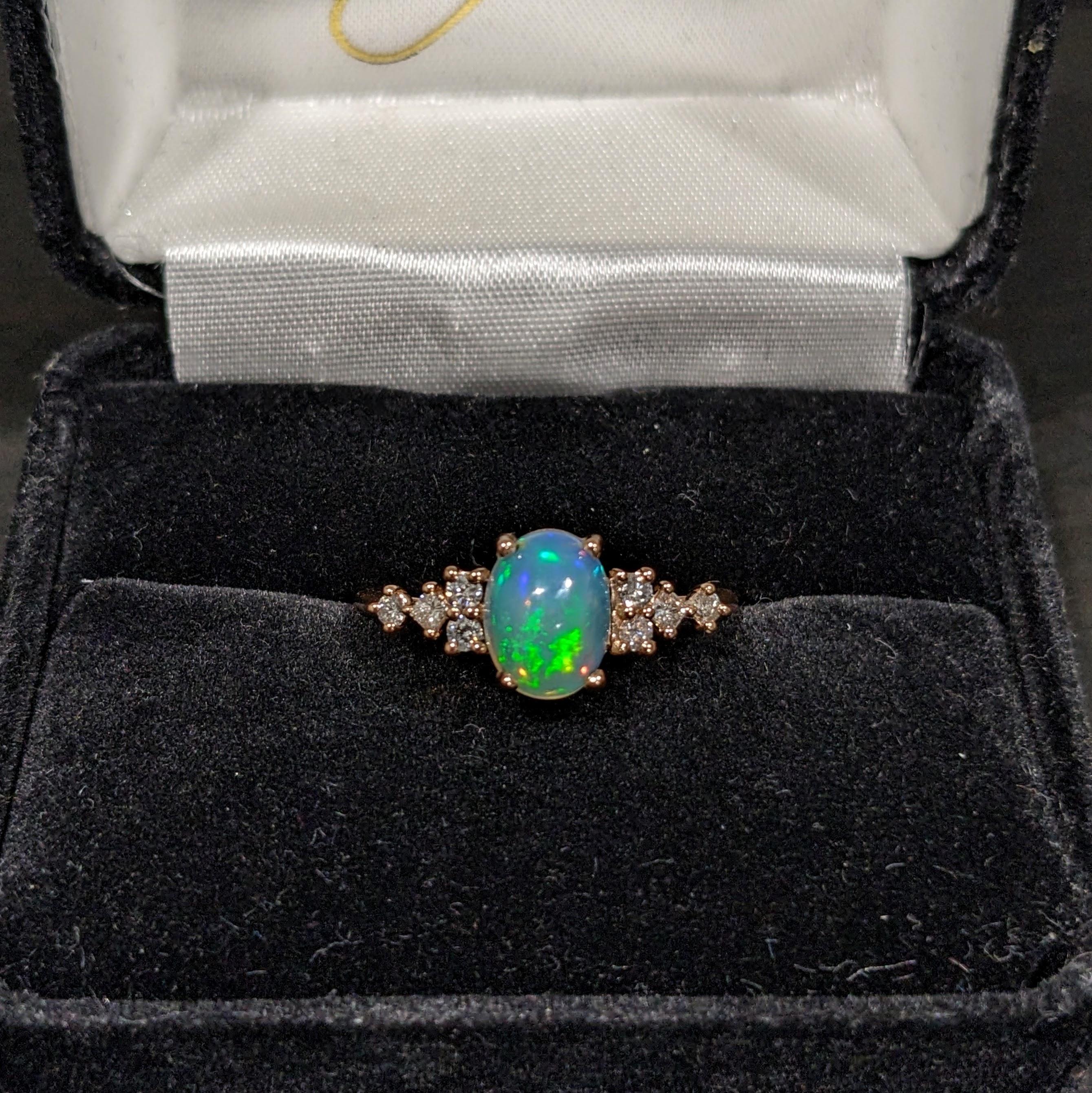 Opal Ring with Natural Diamond Accents in Solid 14k Rose Gold Oval 8x6mm In New Condition In Columbus, OH