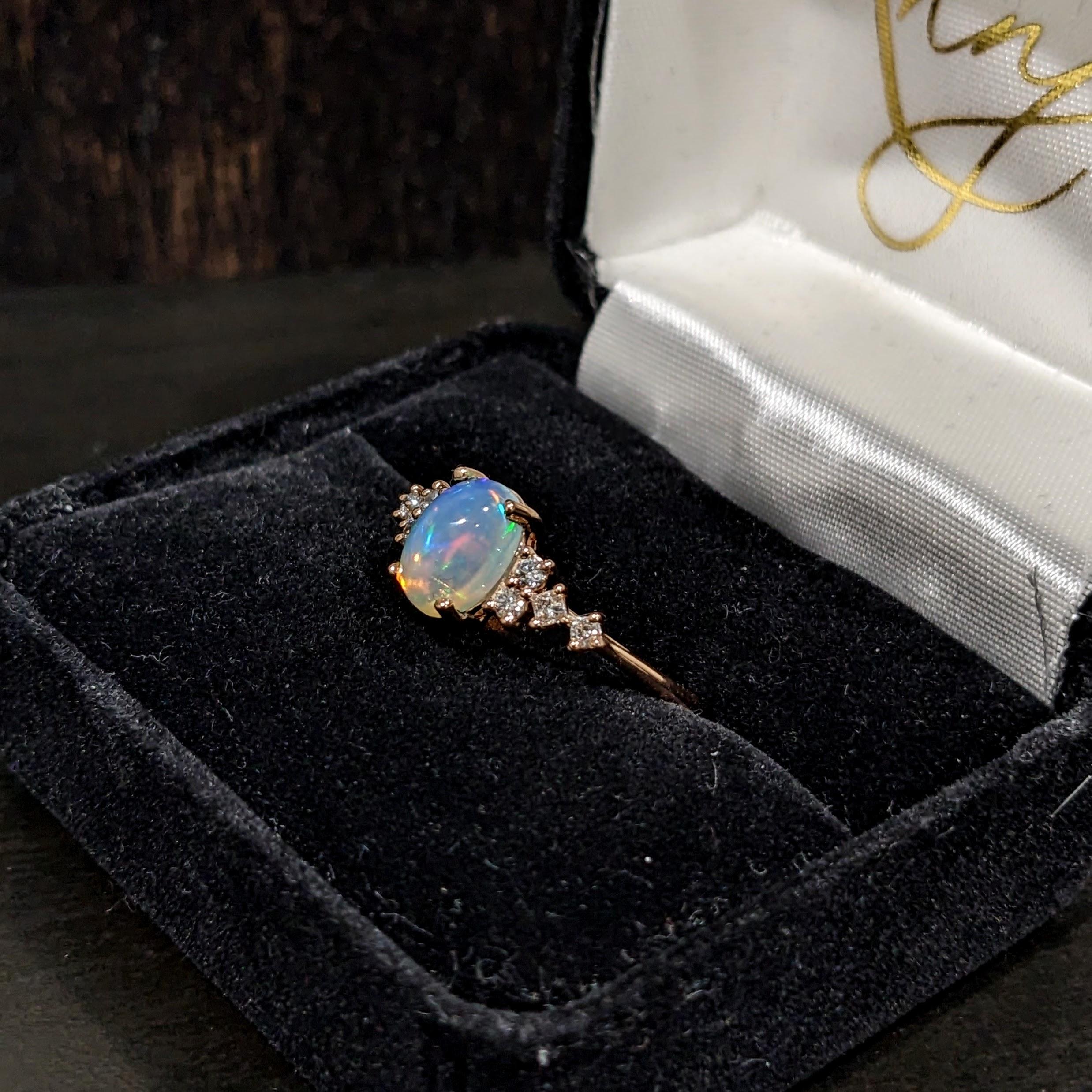 Women's Opal Ring with Natural Diamond Accents in Solid 14k Rose Gold Oval 8x6mm For Sale