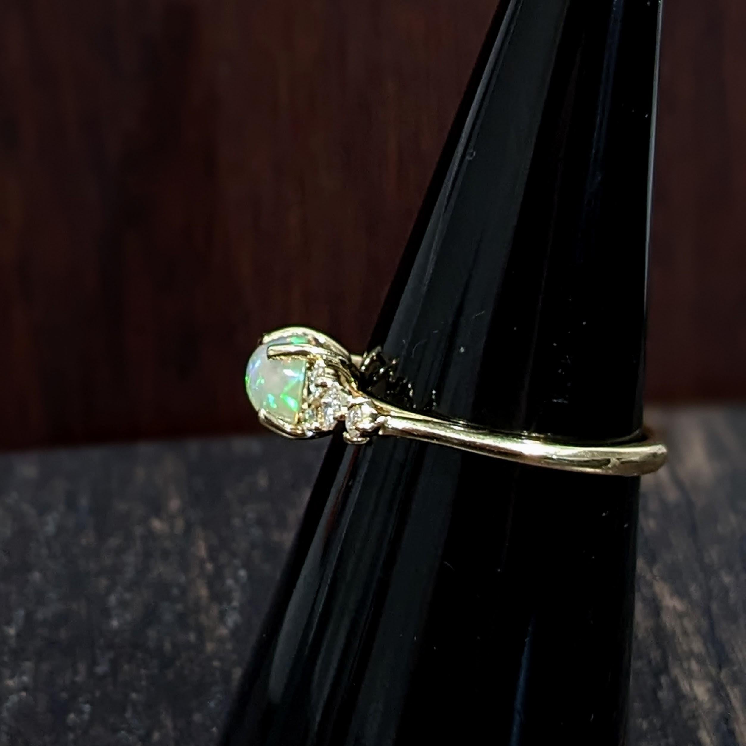 Art Deco Opal Ring with Natural Diamond Accents in Solid 14k Yellow Gold Oval 8x6mm For Sale