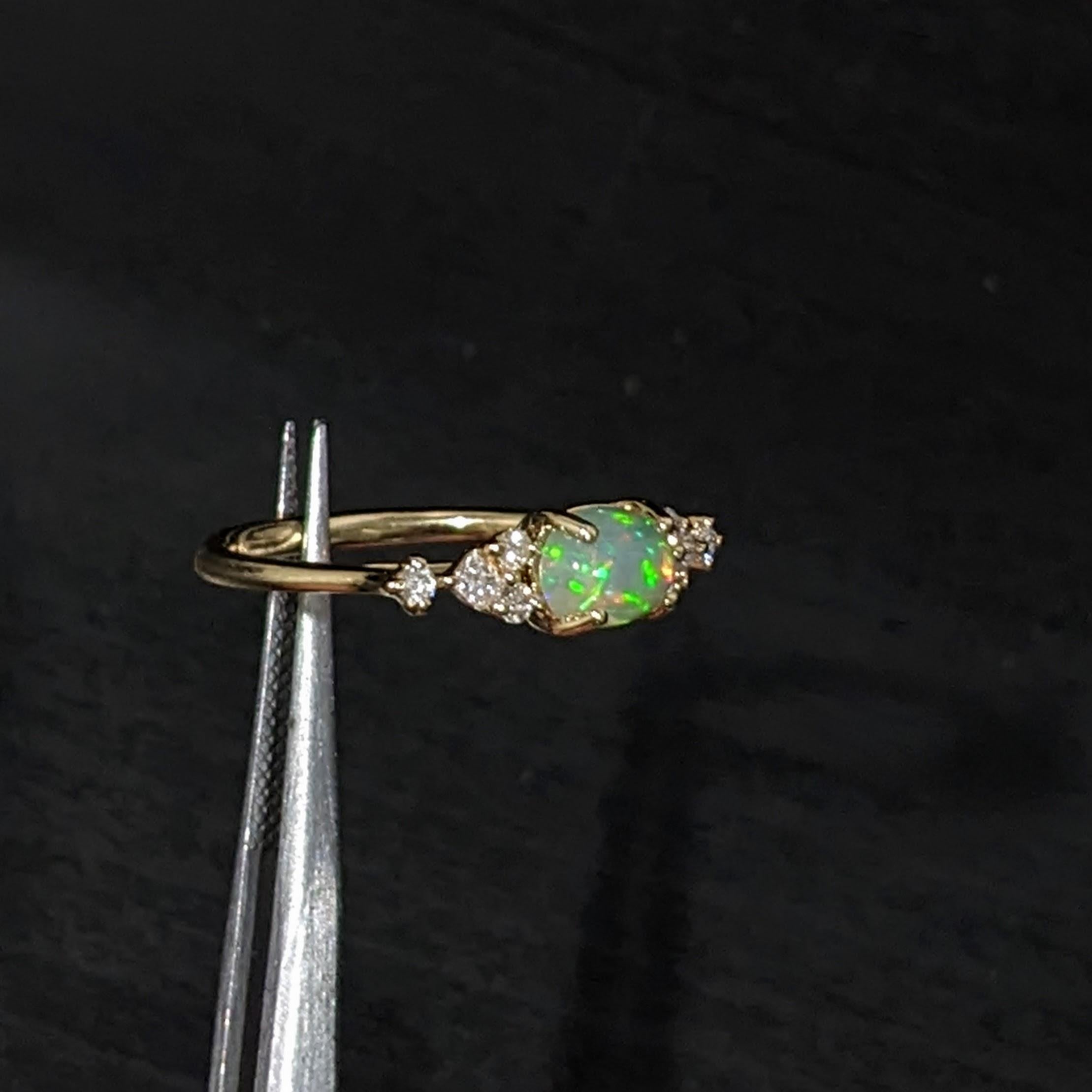 Oval Cut Opal Ring with Natural Diamond Accents in Solid 14k Yellow Gold Oval 8x6mm For Sale