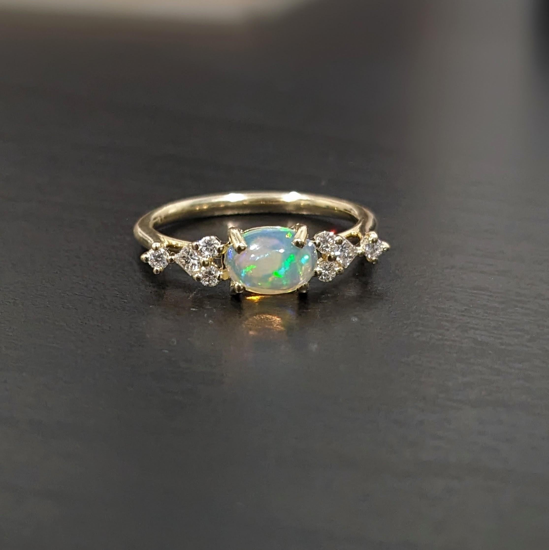 Opal Ring with Natural Diamond Accents in Solid 14k Yellow Gold Oval 8x6mm In New Condition For Sale In Columbus, OH