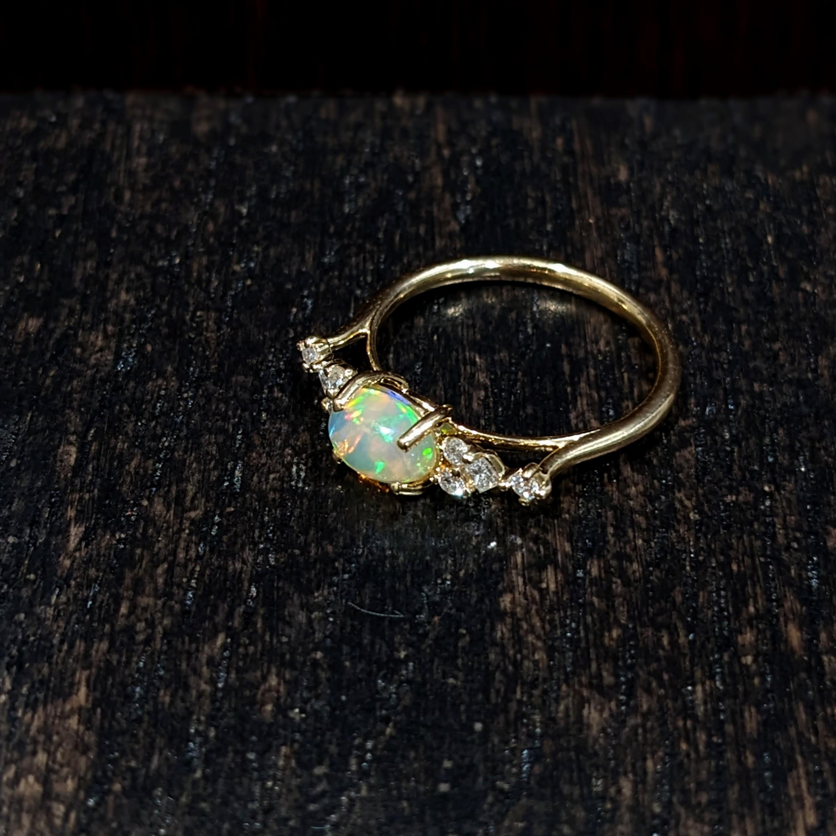 Women's Opal Ring with Natural Diamond Accents in Solid 14k Yellow Gold Oval 8x6mm For Sale