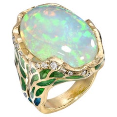 Opal Ring with Plique a Jour Enamel, Gold and Diamonds