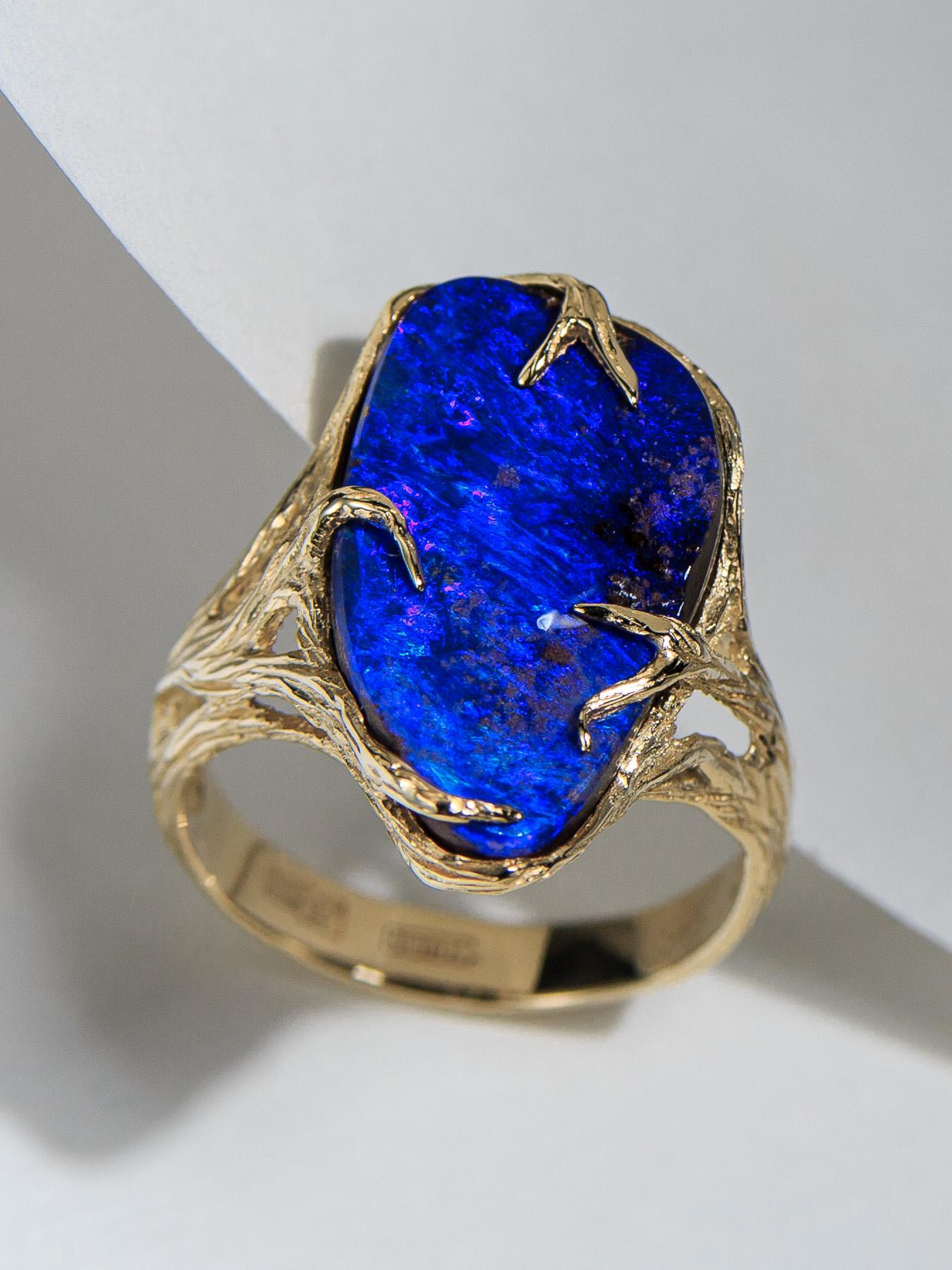 Opal Ring Yellow Gold Navy Blue Natural Boulder Australian Opal For Sale 2