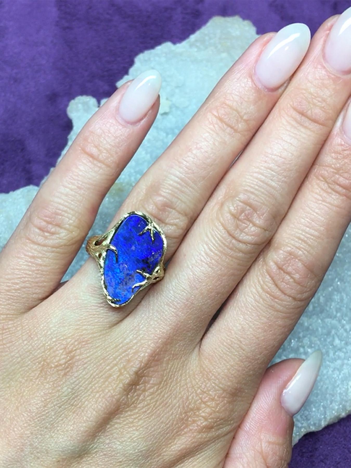 Artisan Opal Ring Yellow Gold Navy Blue Natural Boulder Australian Opal For Sale