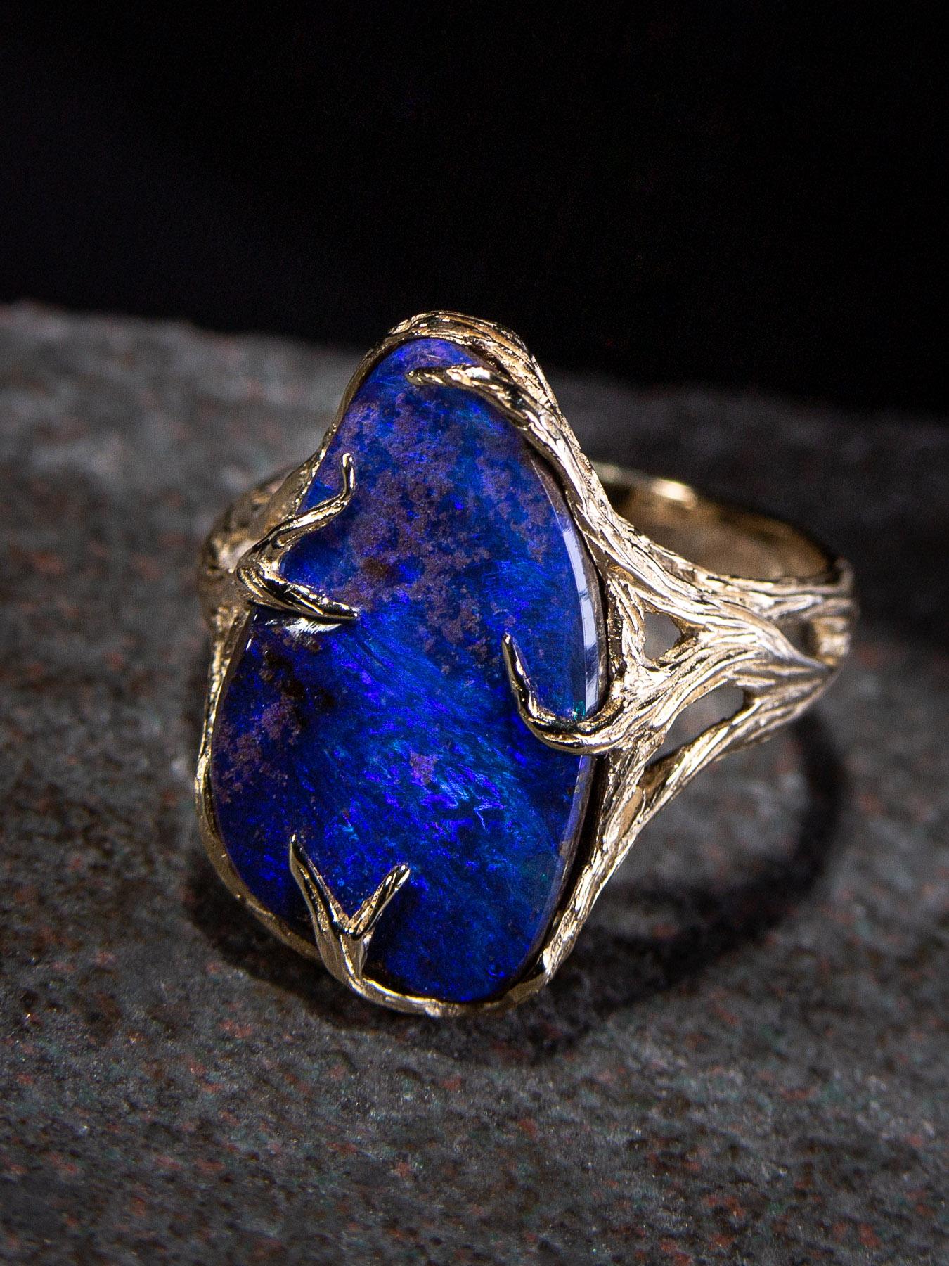 Uncut Opal Ring Yellow Gold Navy Blue Natural Boulder Australian Opal For Sale