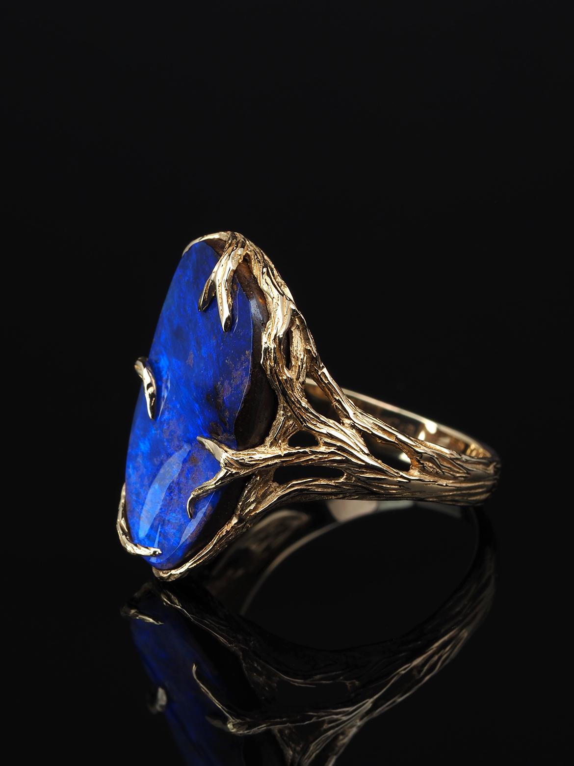Uncut Opal Ring Yellow Gold Navy Blue Natural Boulder Australian Opal For Sale