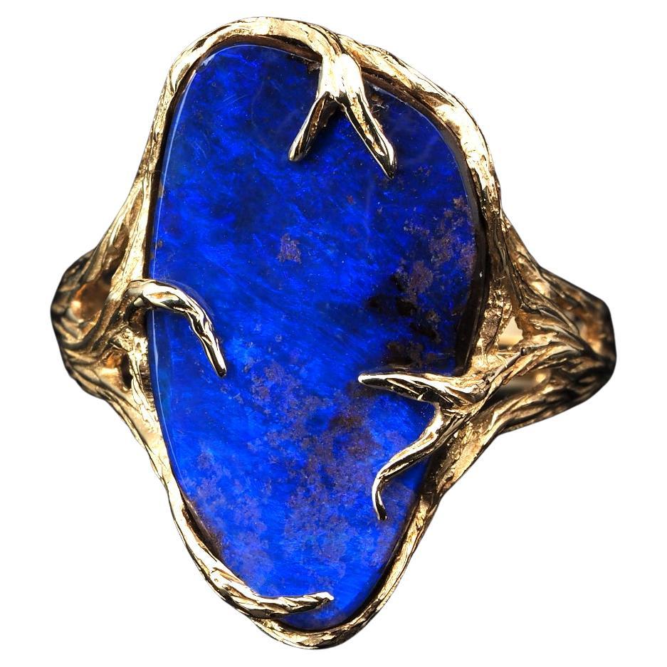 Opal Ring Yellow Gold Navy Blue Natural Boulder Australian Opal