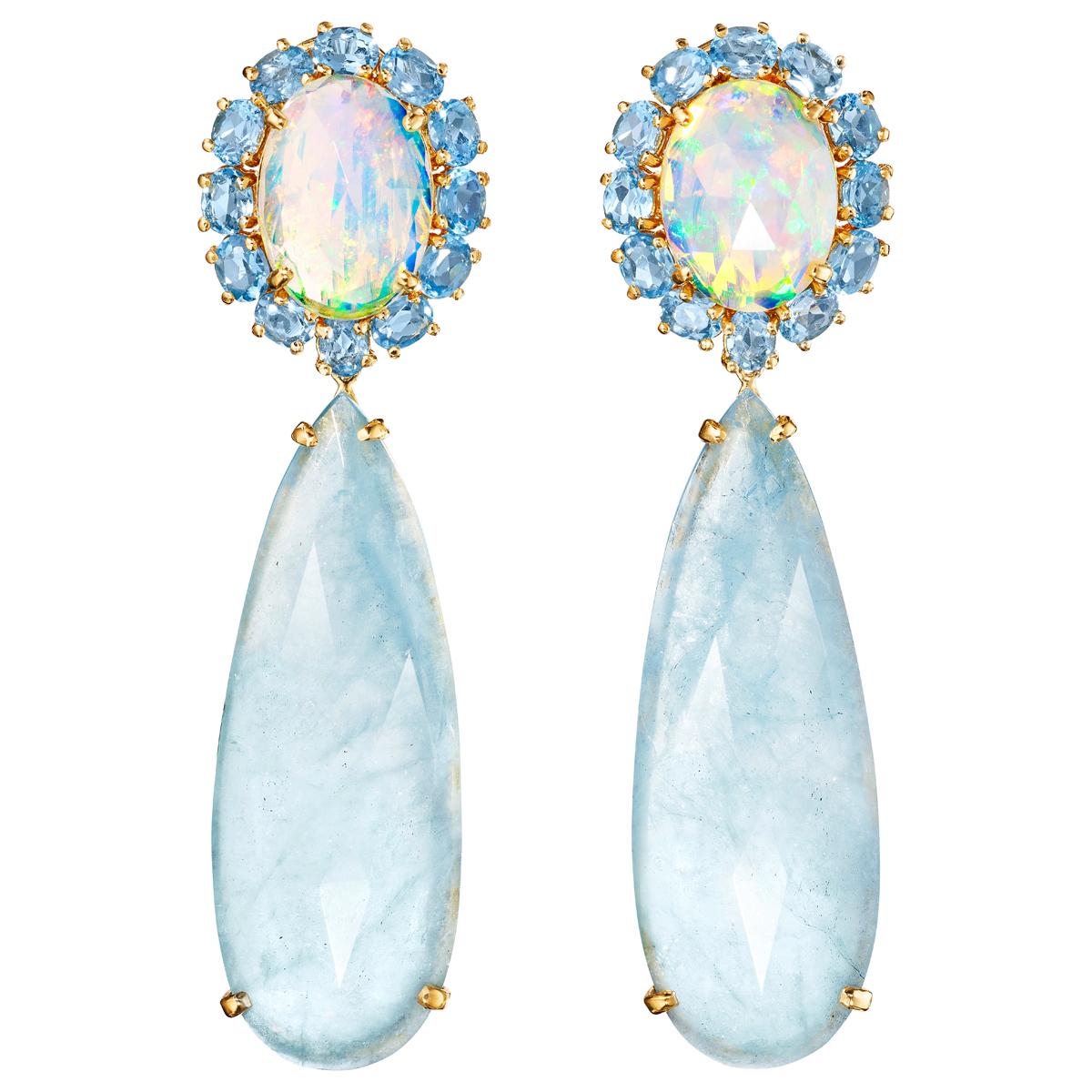 18 Karat Yellow Gold Opal Rose Cut Aquamarine Blue Topaz Diamond Drop Earrings