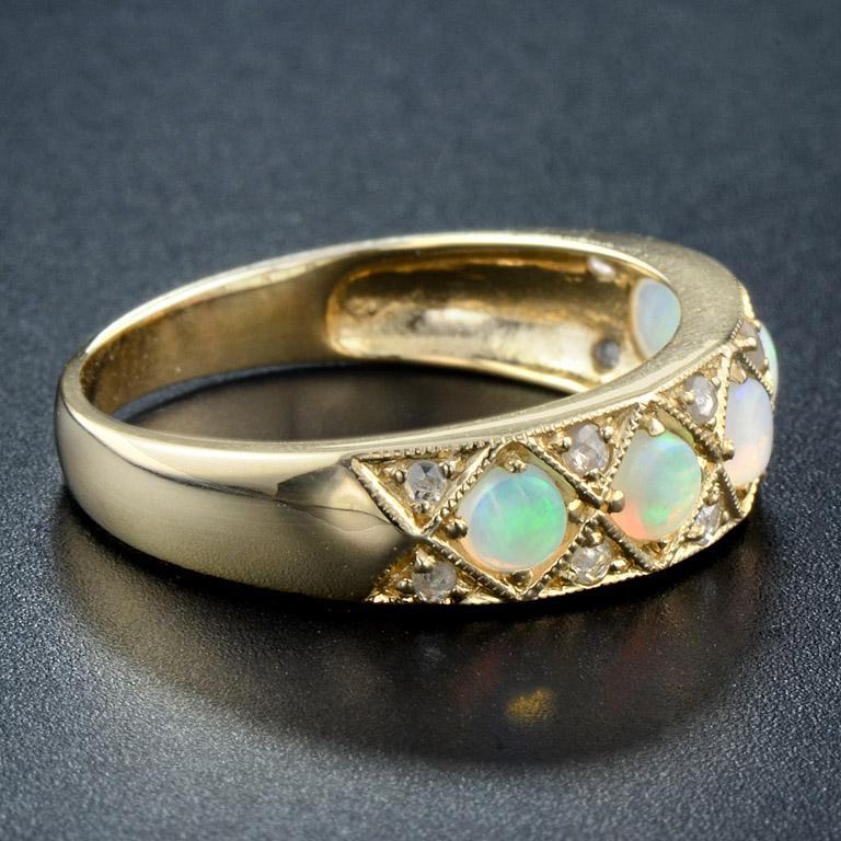 Rose Cut Classic Victorian Style Opal and Diamond Band Ring in 18K Yellow Gold