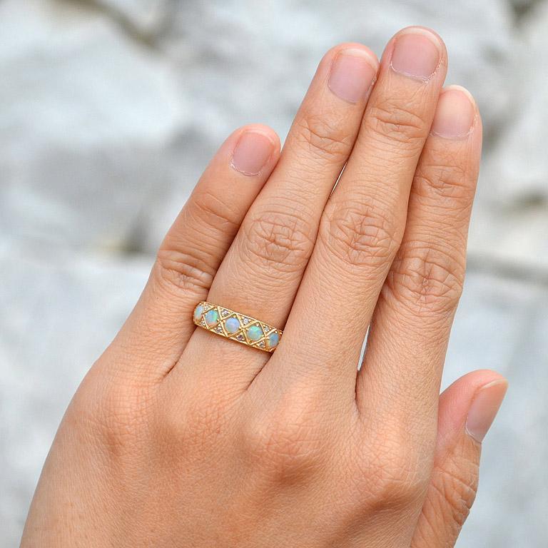 Classic Victorian Style Opal and Diamond Band Ring in 18K Yellow Gold 1