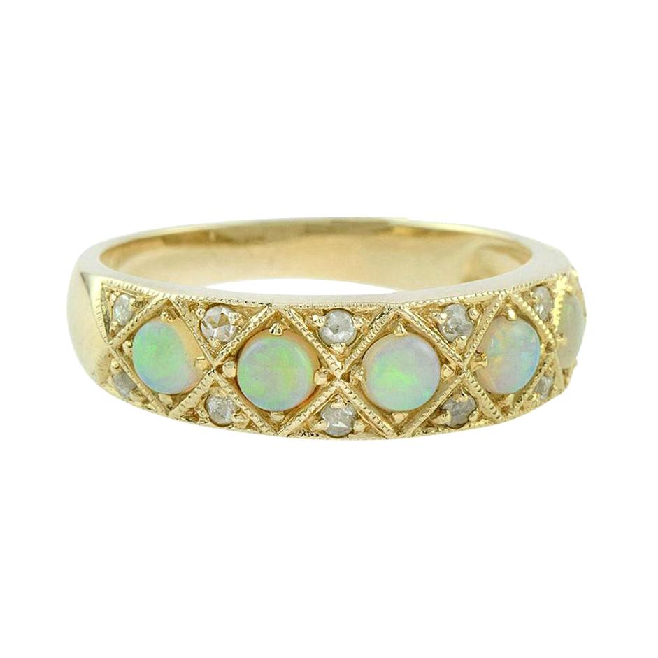 Classic Victorian Style Opal and Diamond Band Ring in 18K Yellow Gold