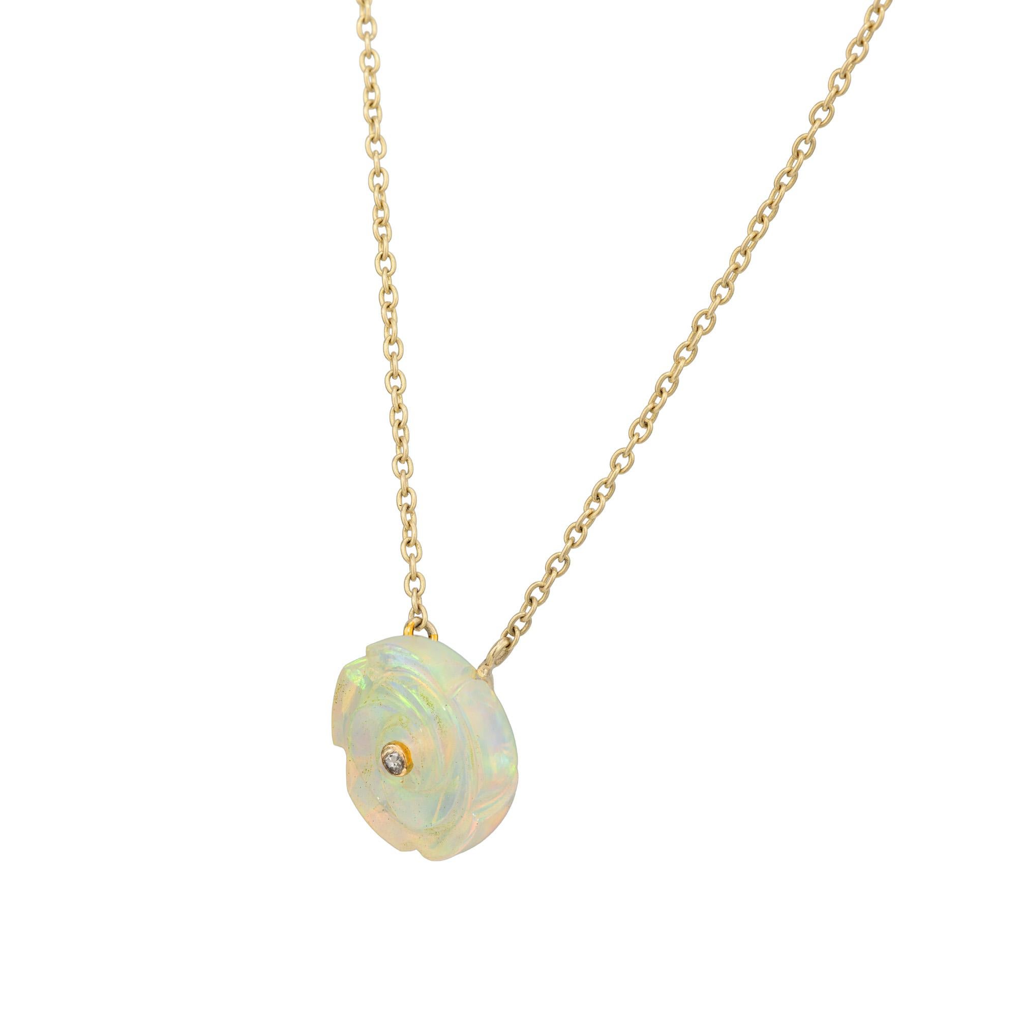 Rose Cut Opal Rose Necklace with Diamond Center in 18K Yellow Gold For Sale