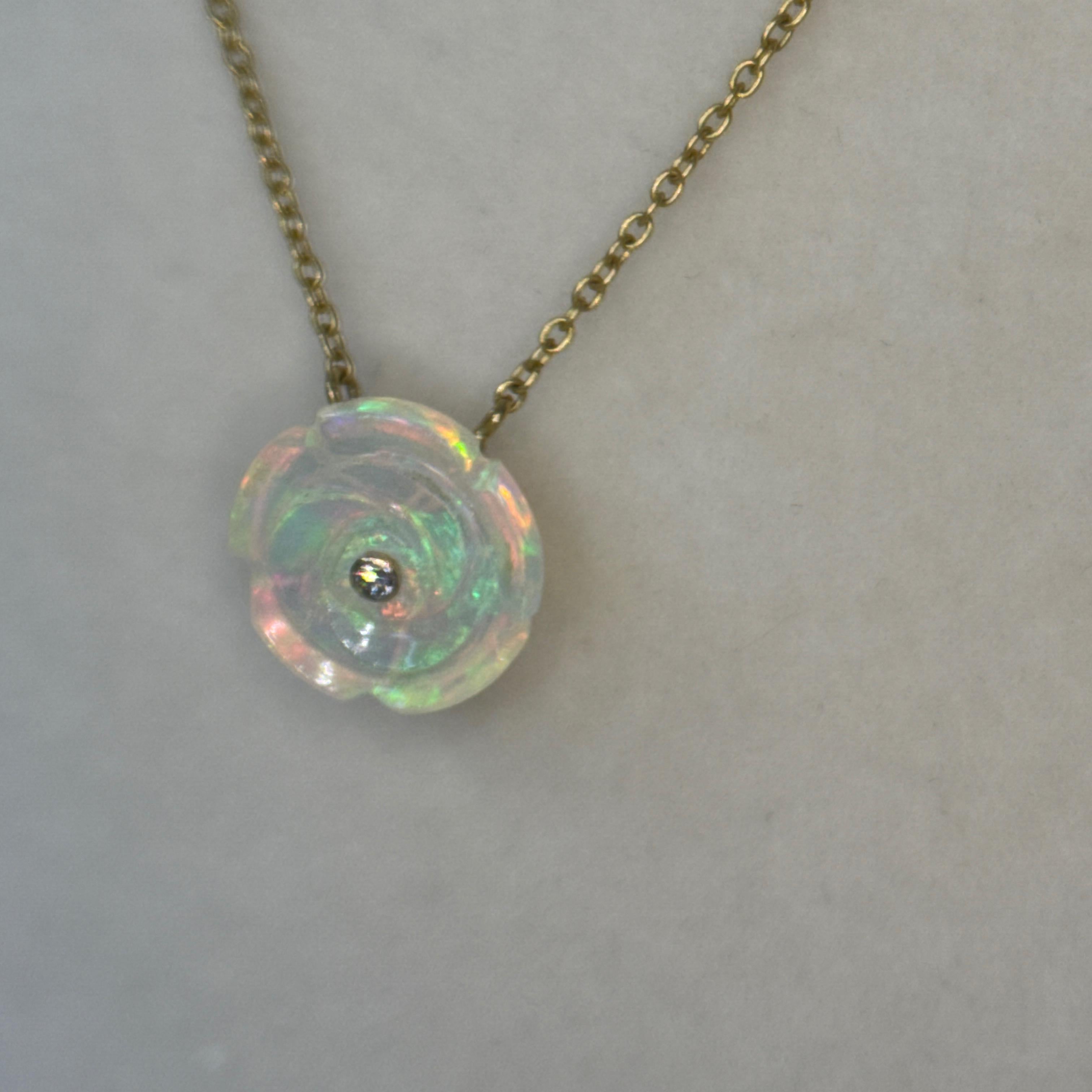 Opal Rose Necklace with Diamond Center in 18K Yellow Gold In New Condition For Sale In Westport, CT
