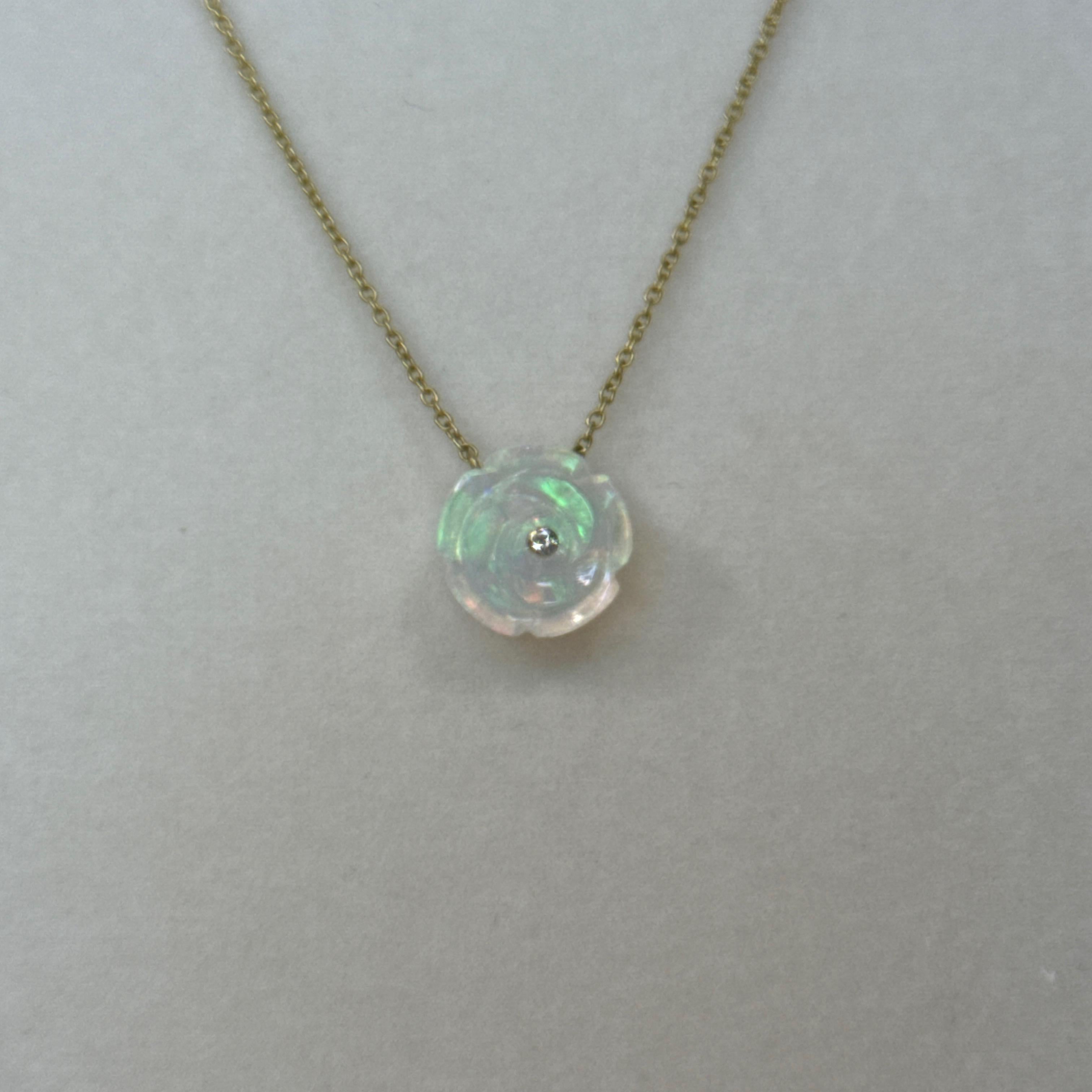 Women's or Men's Opal Rose Necklace with Diamond Center in 18K Yellow Gold For Sale