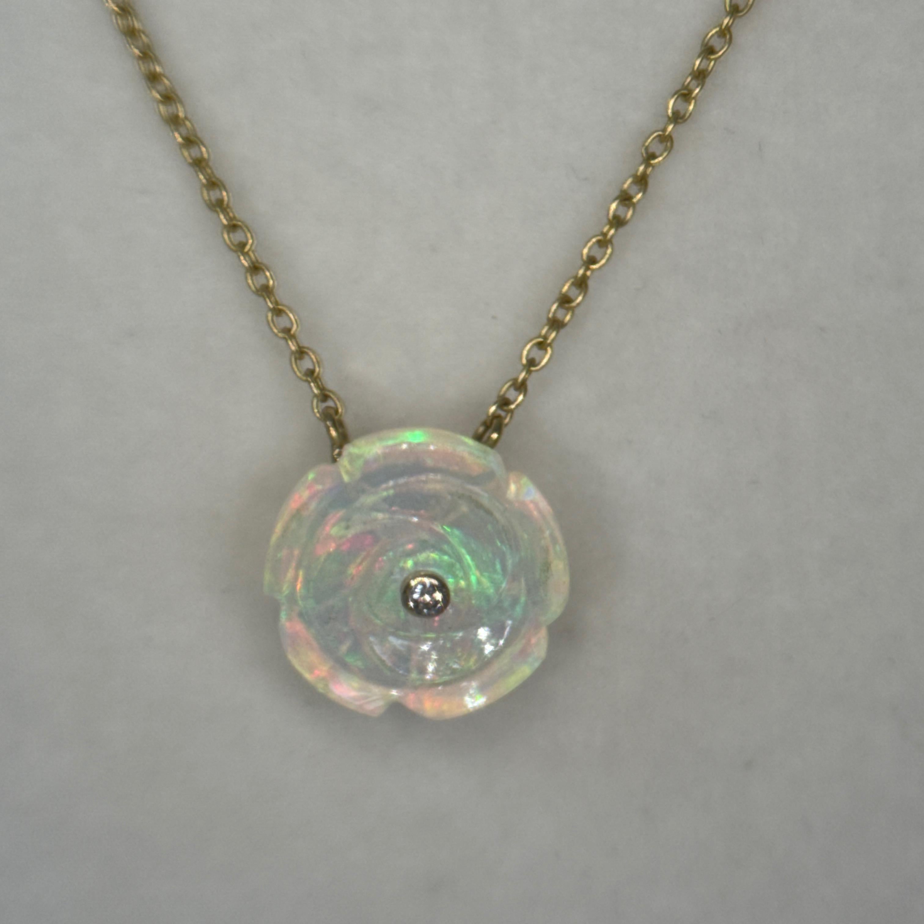 Opal Rose Necklace with Diamond Center in 18K Yellow Gold For Sale 1