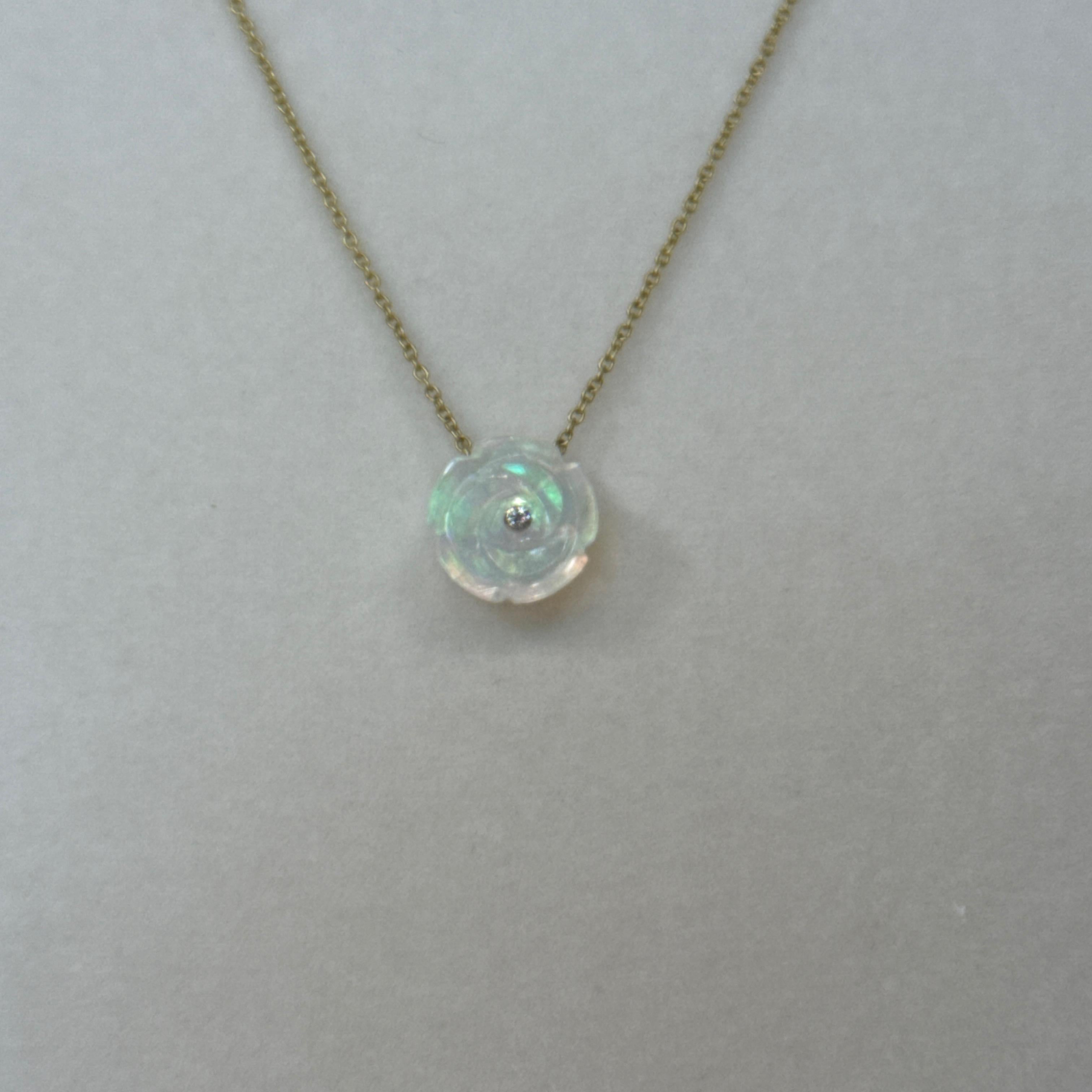 Opal Rose Necklace with Diamond Center in 18K Yellow Gold For Sale 2