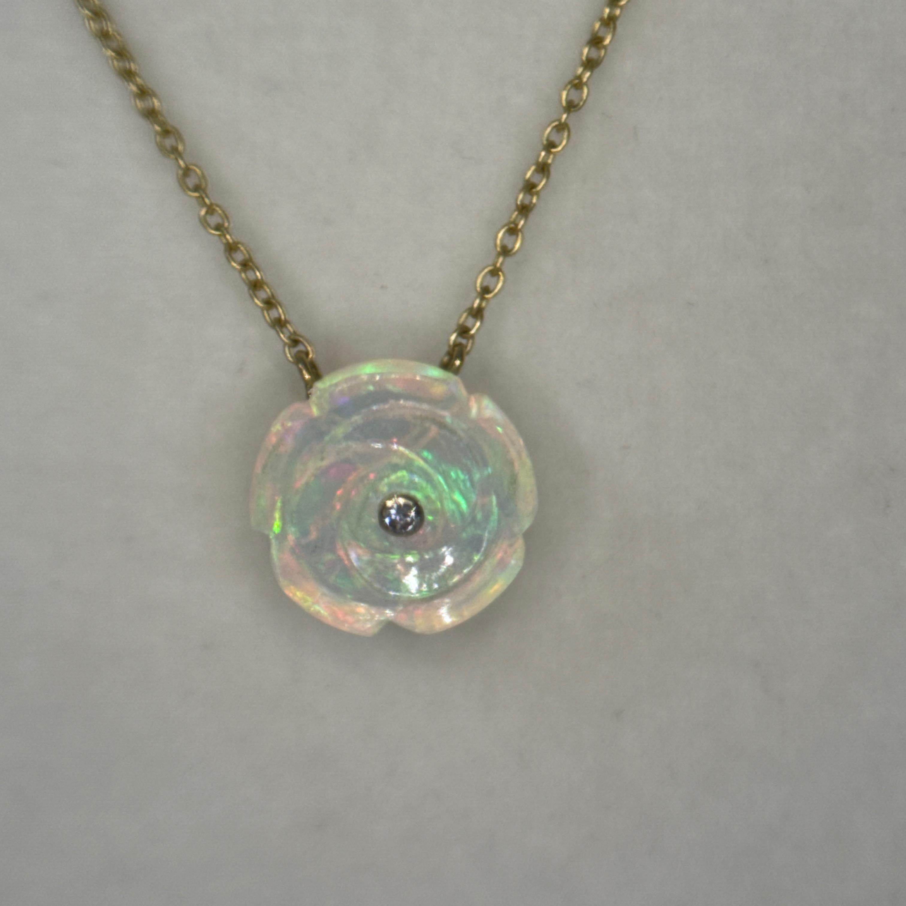 Opal Rose Necklace with Diamond Center in 18K Yellow Gold For Sale 3