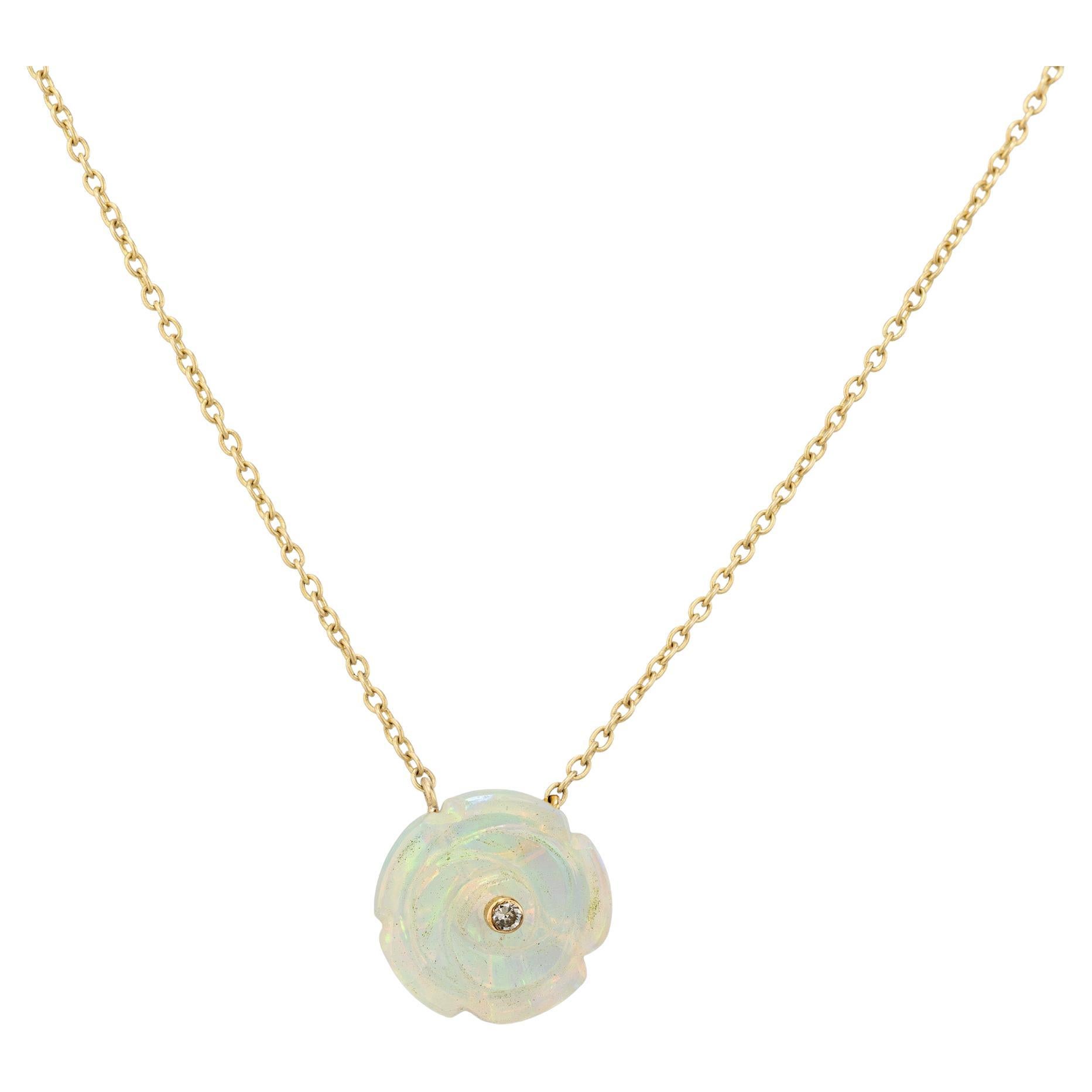 Opal Rose Necklace with Diamond Center in 18K Yellow Gold For Sale