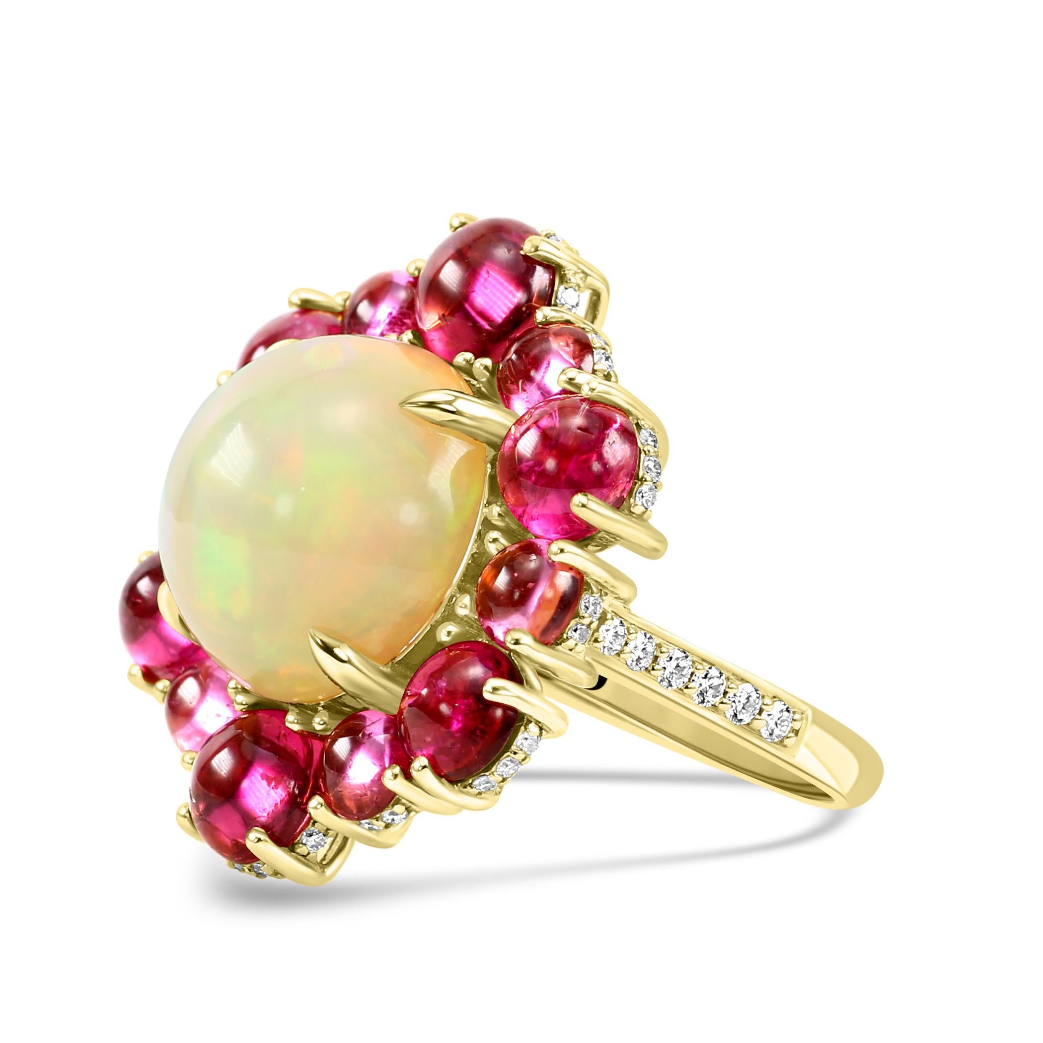 Immerse yourself in Osiyan's beautiful world of color with our Opal & Rubellite fashion halo ring, a vibrant and captivating piece designed to celebrate individuality and elegance.

The center stone of this fashion-forward ring is the Opal, known