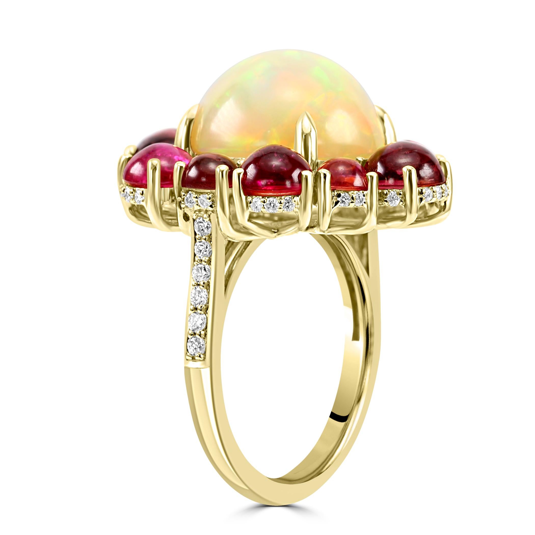 Opal Rubellite White Diamond Round 18K Yellow Gold Cocktail Fashion Halo Ring In New Condition For Sale In Sayreville, NJ