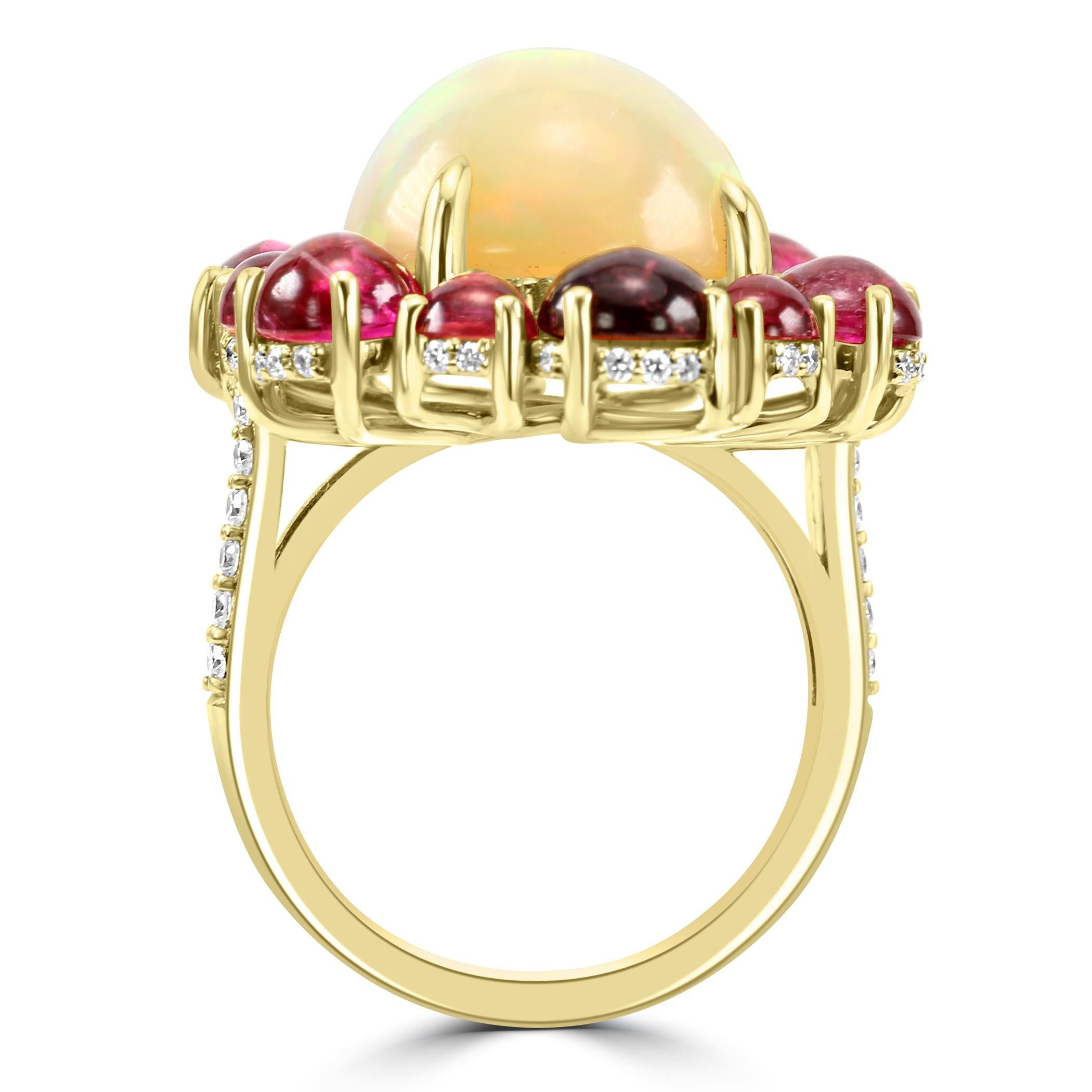 Women's or Men's Opal Rubellite White Diamond Round 18K Yellow Gold Cocktail Fashion Halo Ring For Sale
