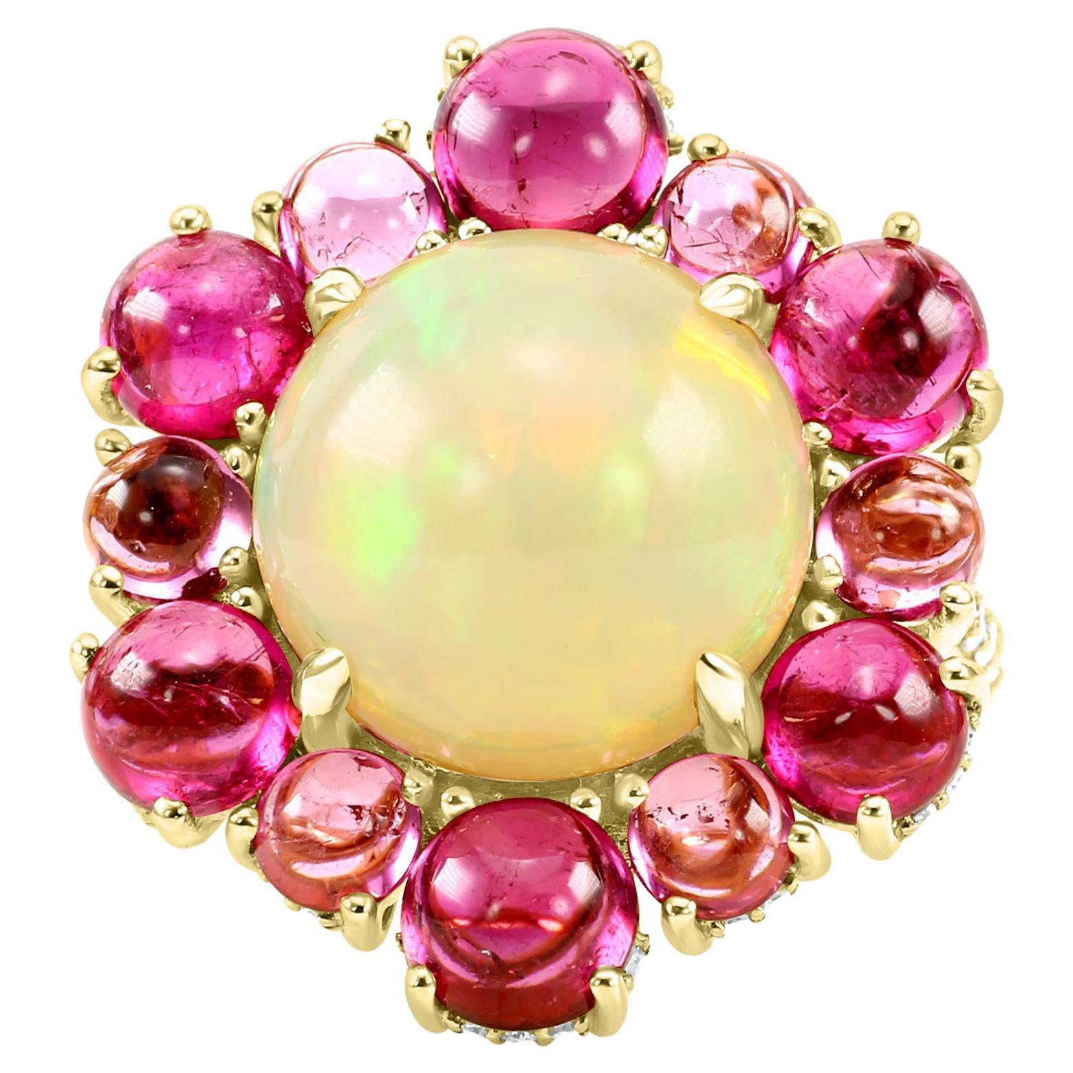 Opal Rubellite White Diamond Round 18K Yellow Gold Cocktail Fashion Halo Ring