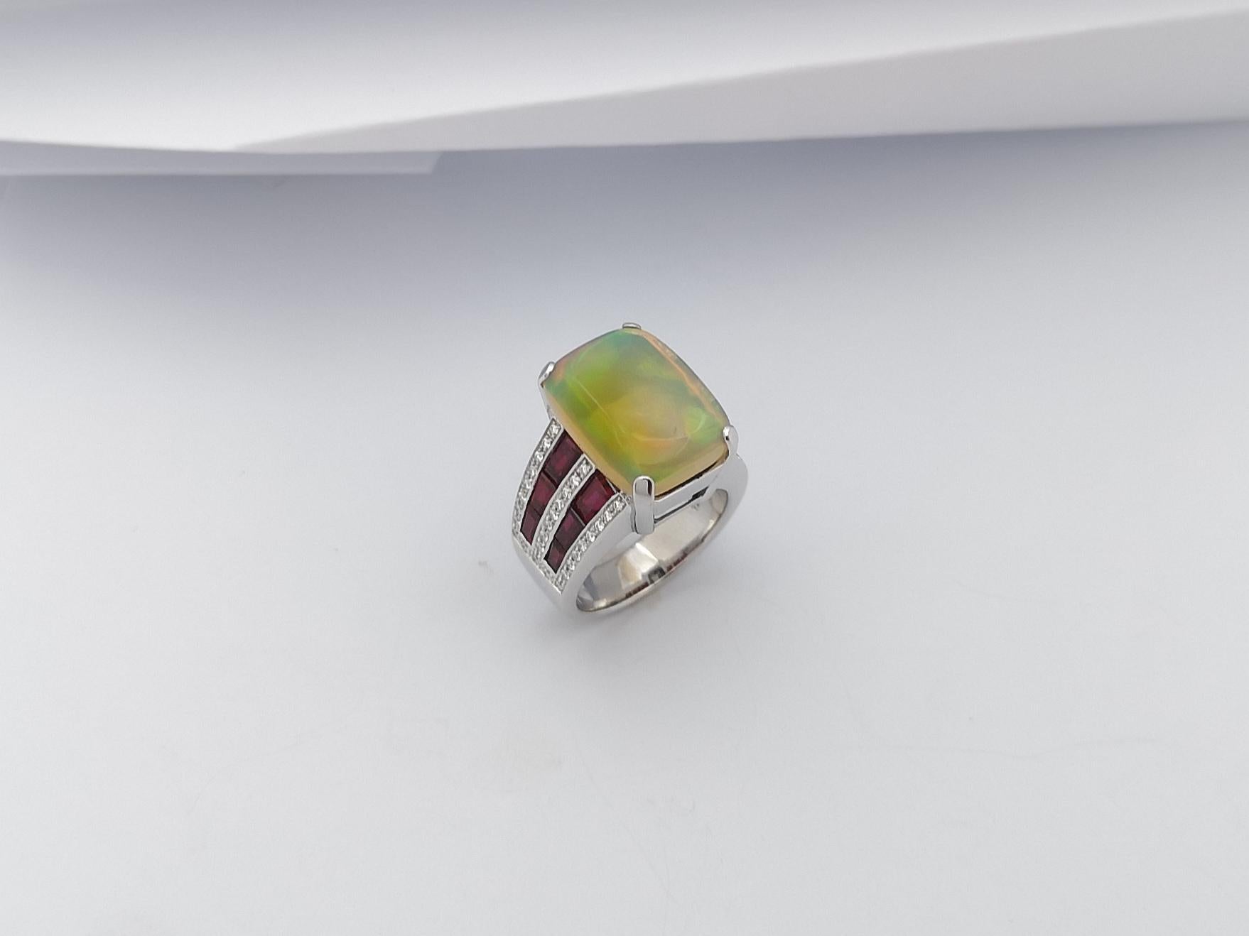 Opal, Ruby and Diamond Ring Set in 18 Karat White Gold Settings For Sale 8