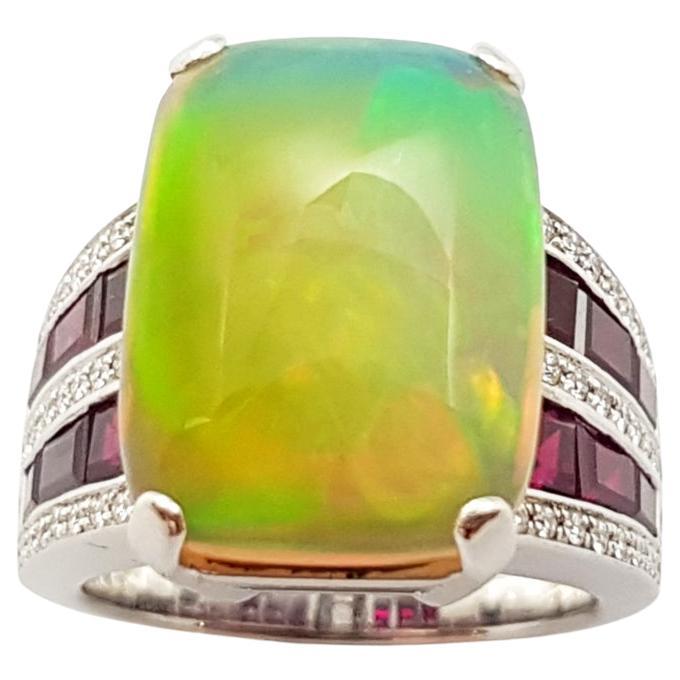 Opal, Ruby and Diamond Ring Set in 18 Karat White Gold Settings