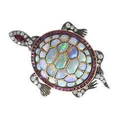 Opal Ruby and Diamond Turtle Brooch