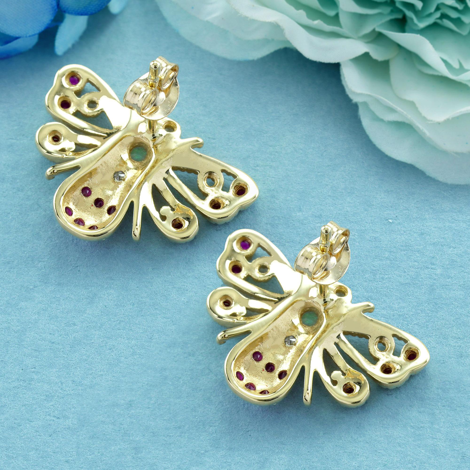 Pendientes abeja estilo vintage de oro amarillo de 9 quilates con ópalo, rubí y diamantes Corte redondo en venta