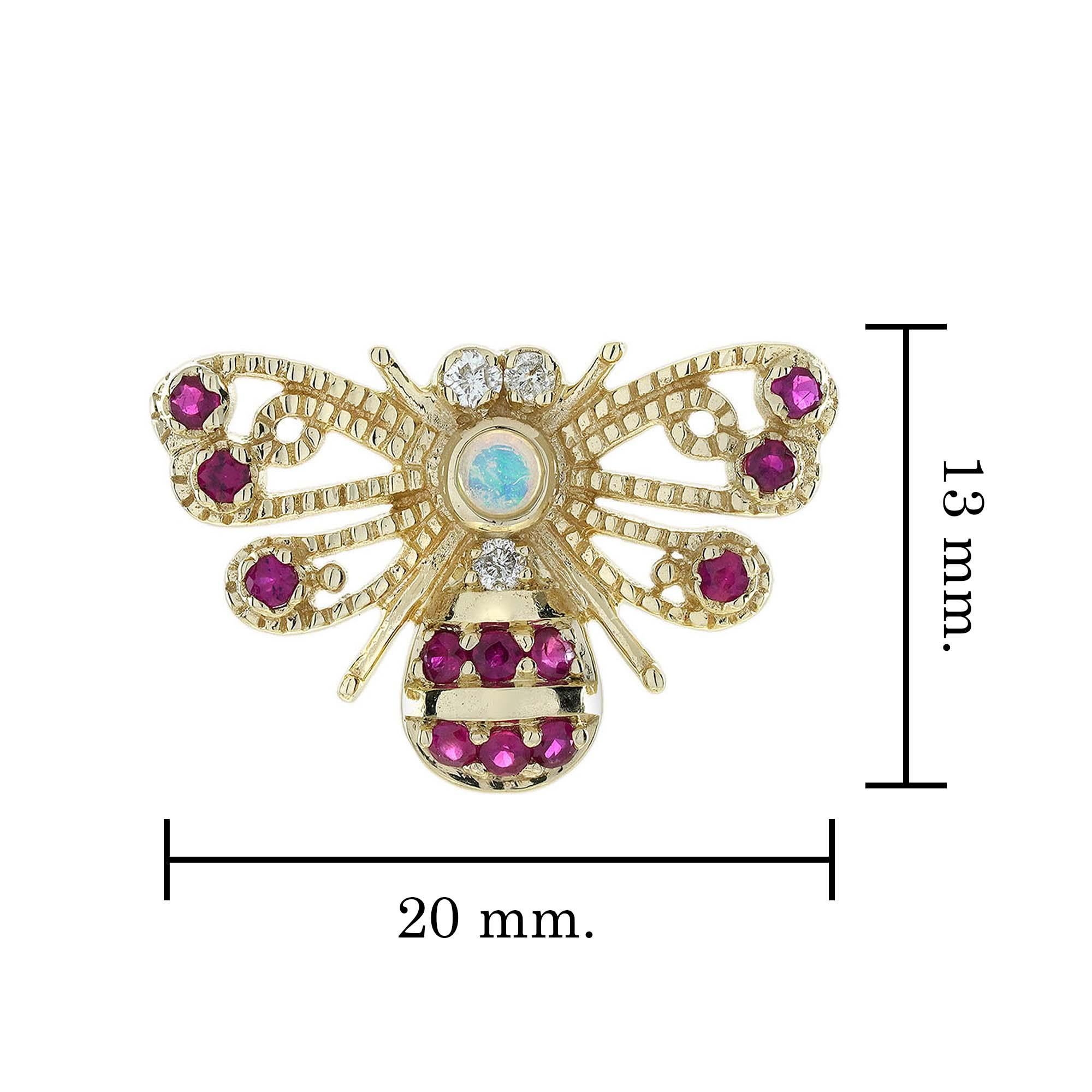 Pendientes abeja estilo vintage de oro amarillo de 9 quilates con ópalo, rubí y diamantes en Nuevo estado para la venta en Bangkok, TH
