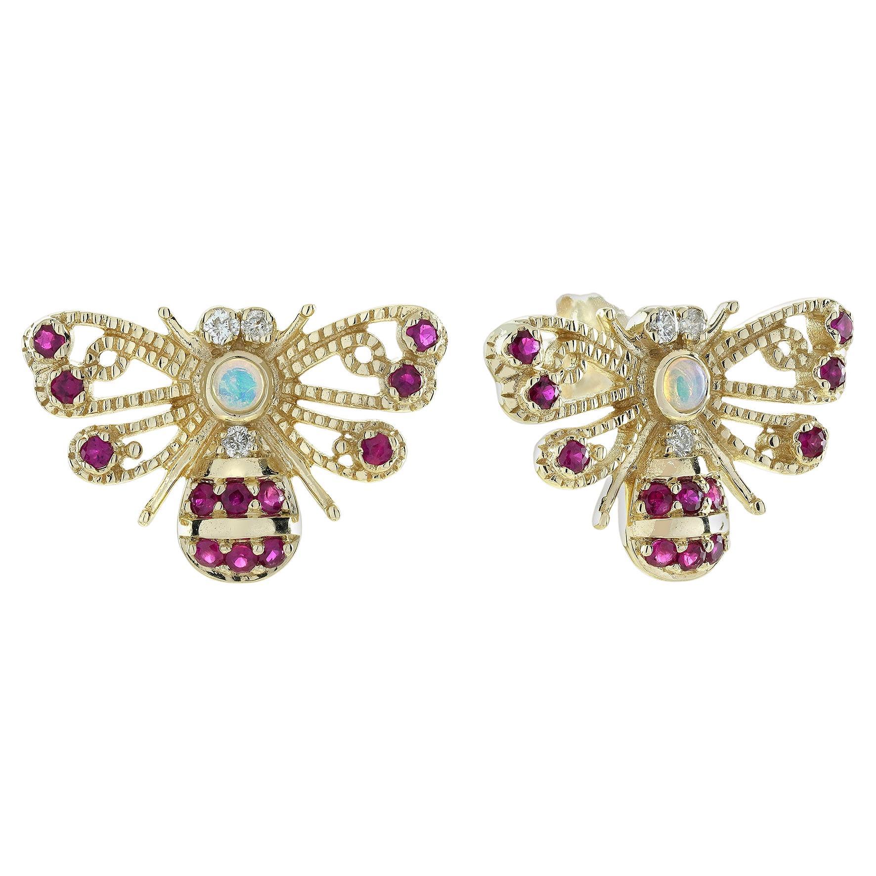 Opal Ruby and Diamond Vintage Style Bee Stud Earrings in 9K Yellow Gold
