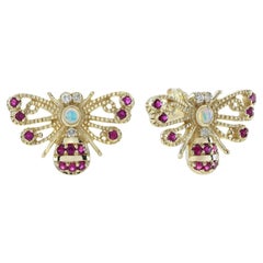 Opal Ruby and Diamond Vintage Style Bee Stud Earrings in 9K Yellow Gold