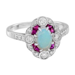 Opal Ruby and Dimond Art Deco Style Engagement Ring in 14K White Gold