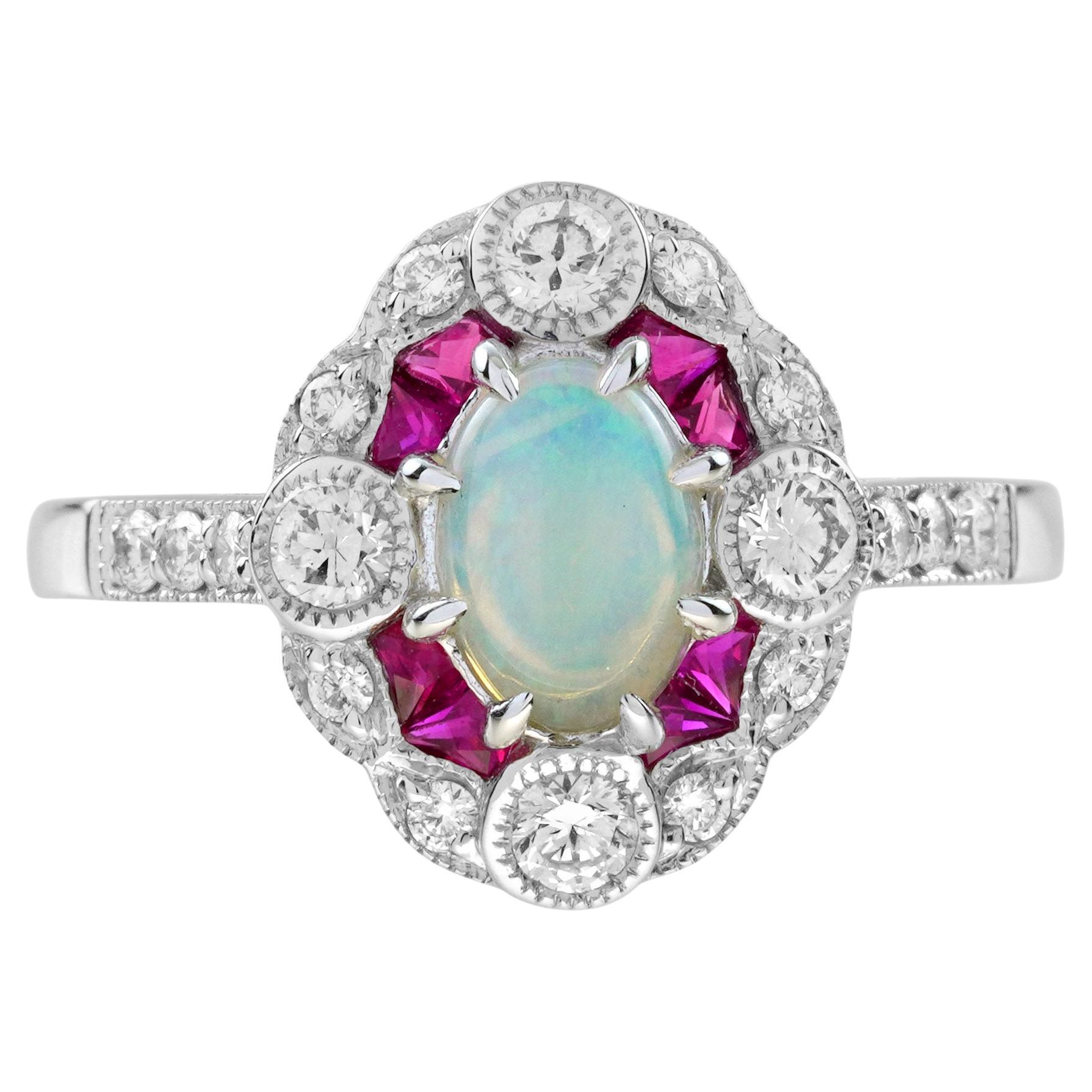 Opal Ruby and Dimond Art Deco Style Engagement Ring in 14K White Gold For Sale
