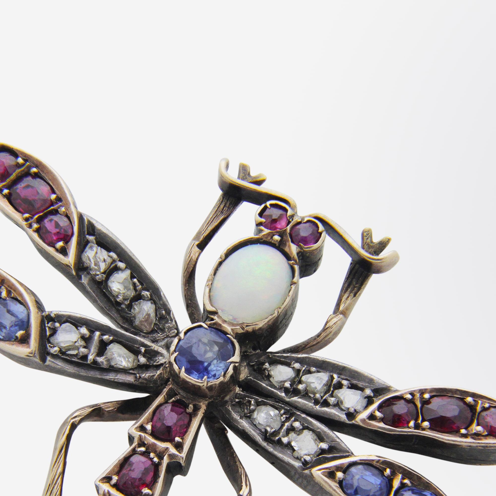 Victorian Opal, Ruby, Diamond, and Sapphire Dragonfly Brooch