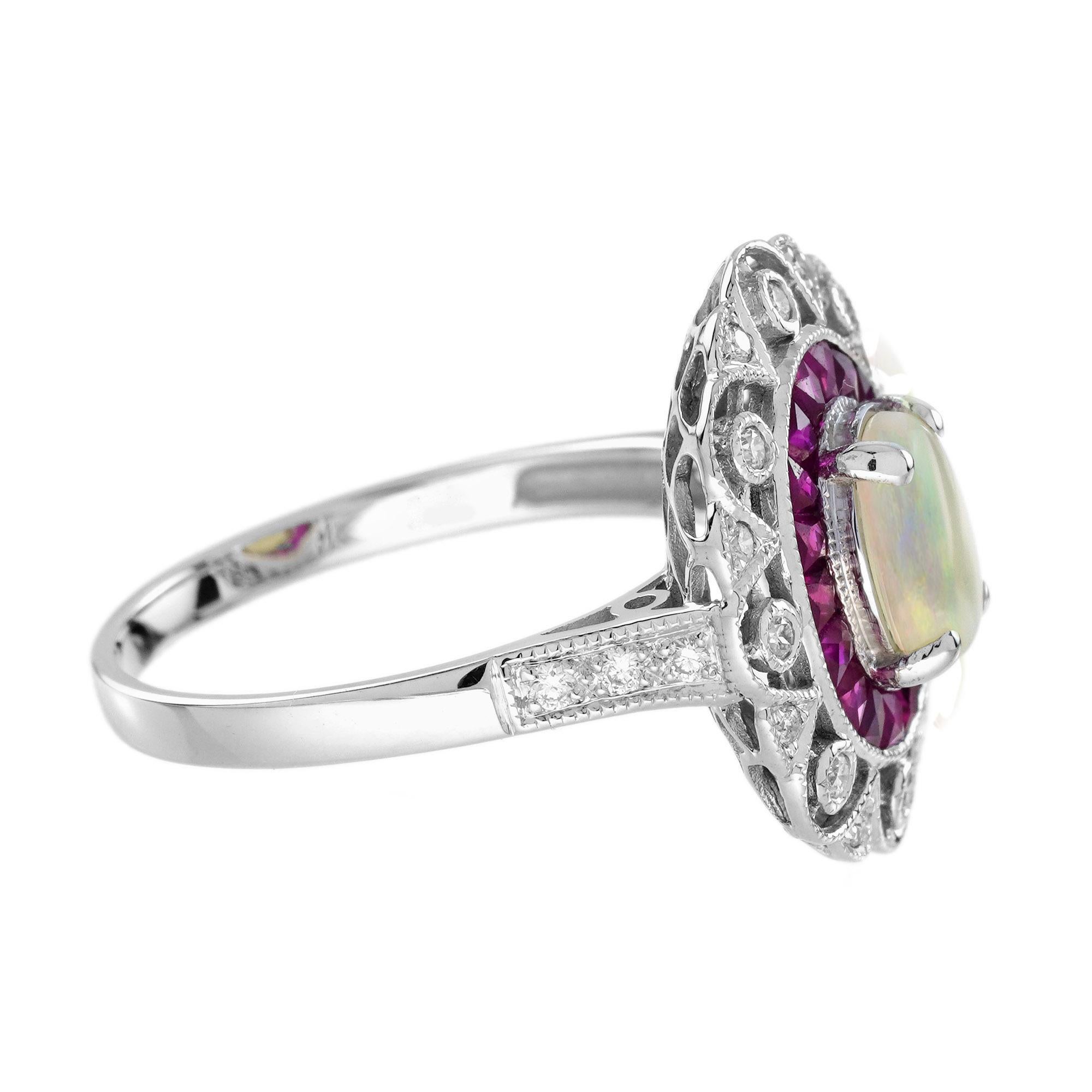 Taglio ovale Anello con diamante e rubino opale in stile Art Deco in oro bianco 14 carati in vendita