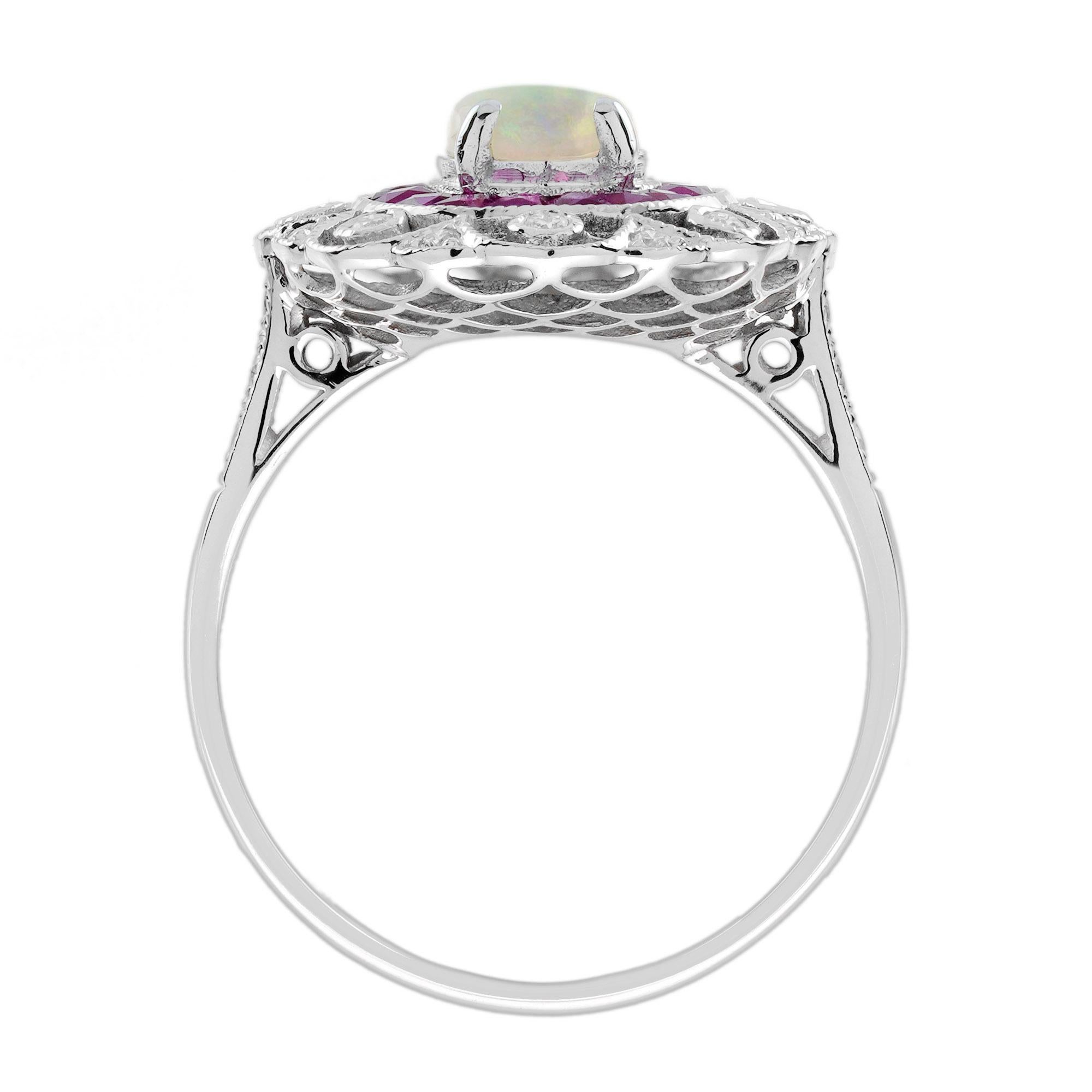 Donna Anello con diamante e rubino opale in stile Art Deco in oro bianco 14 carati in vendita