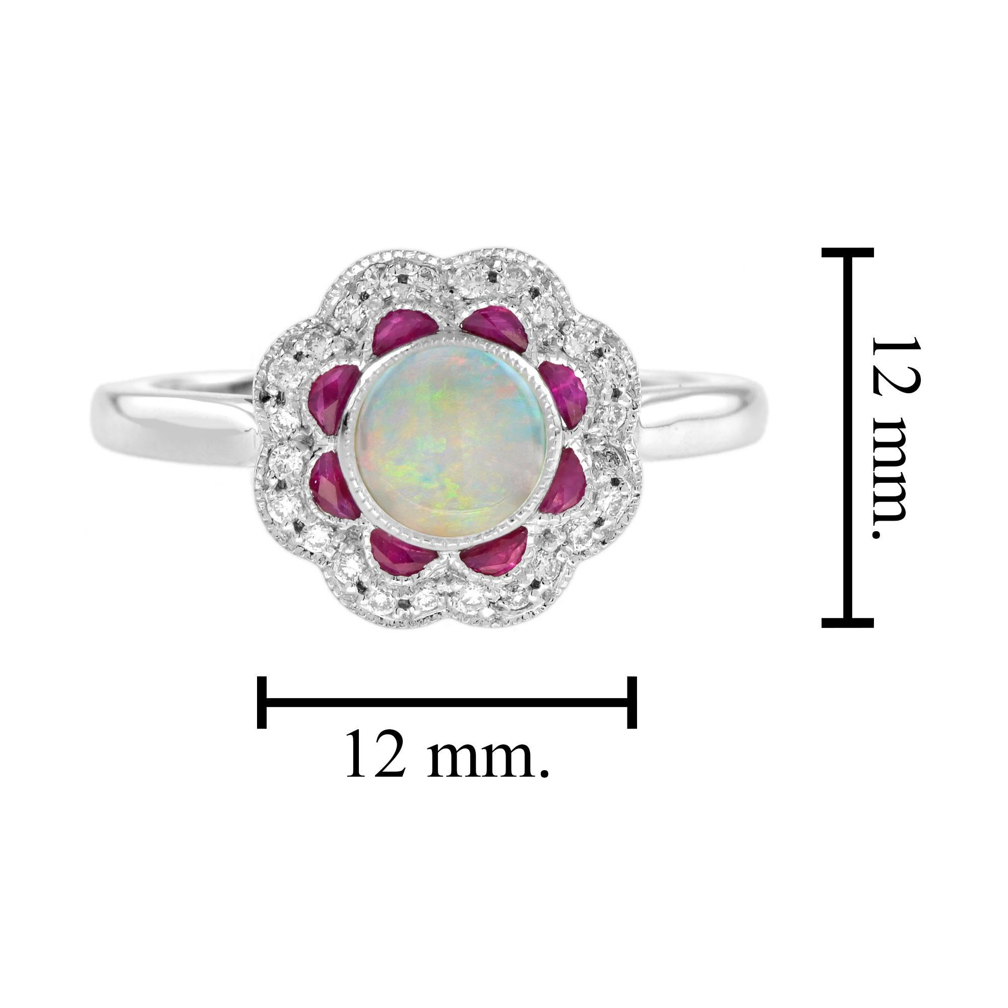 Anello con diamante e rubino opale in stile Art Deco in oro bianco 14 carati in vendita 1