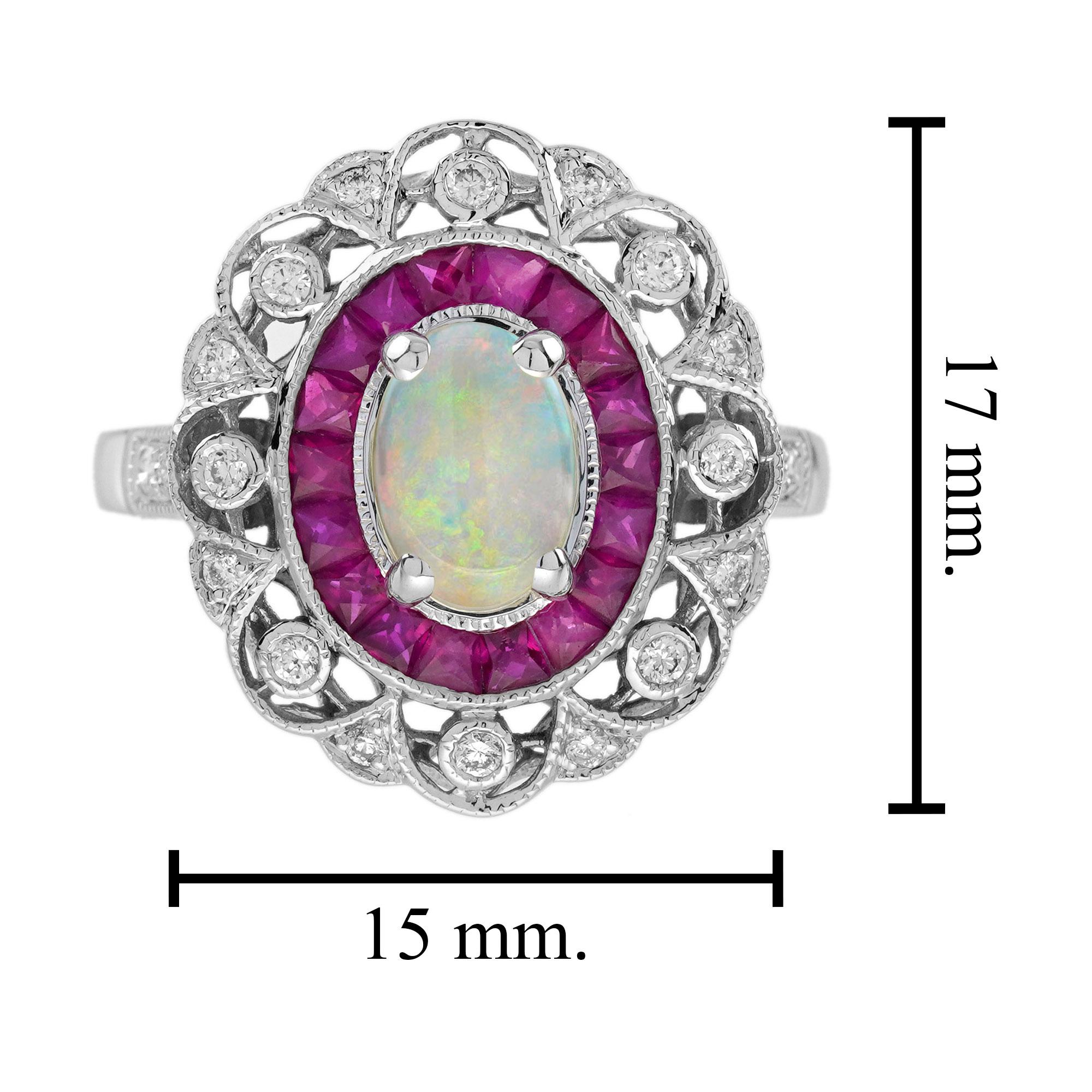 Anello con diamante e rubino opale in stile Art Deco in oro bianco 14 carati in vendita 1