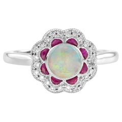 Opal Ruby Diamond Art Deco Style Halo Ring in 14K White Gold